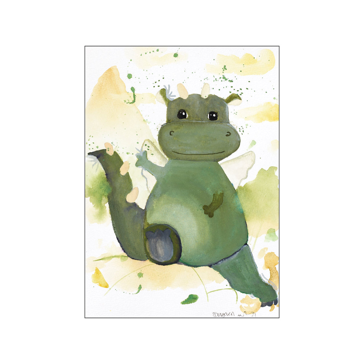 A friendly green watercolor dragon with big eyes sits among abstract yellow and green washes, conveying a sense of gentle wonder and playful enchantment, perfect for a child's room.