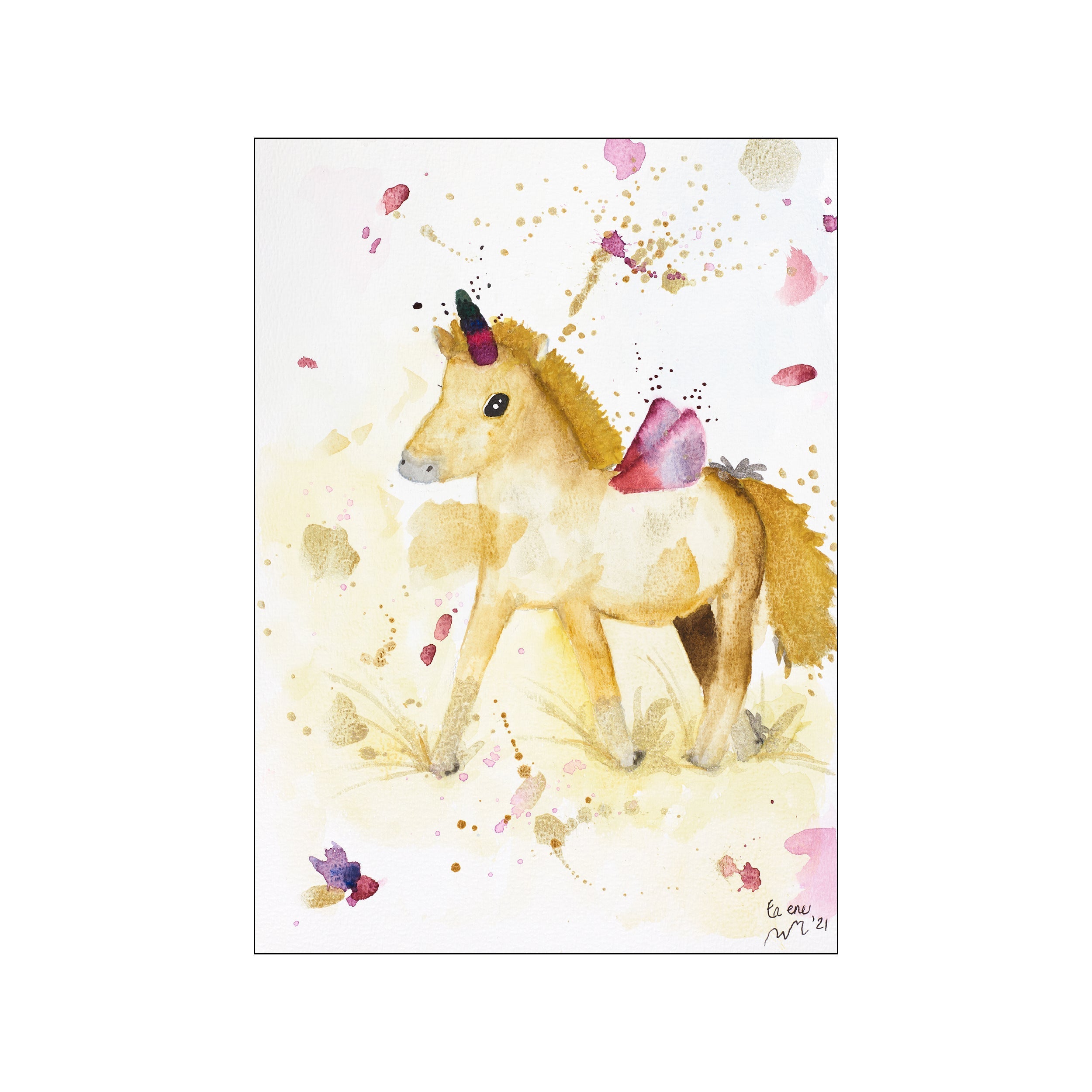 A watercolor painting of a gentle unicorn with a golden mane, standing in a field of soft yellow and white. Splashes of pink and gold paint suggest magical dust, and small, delicate wings adorn its.
