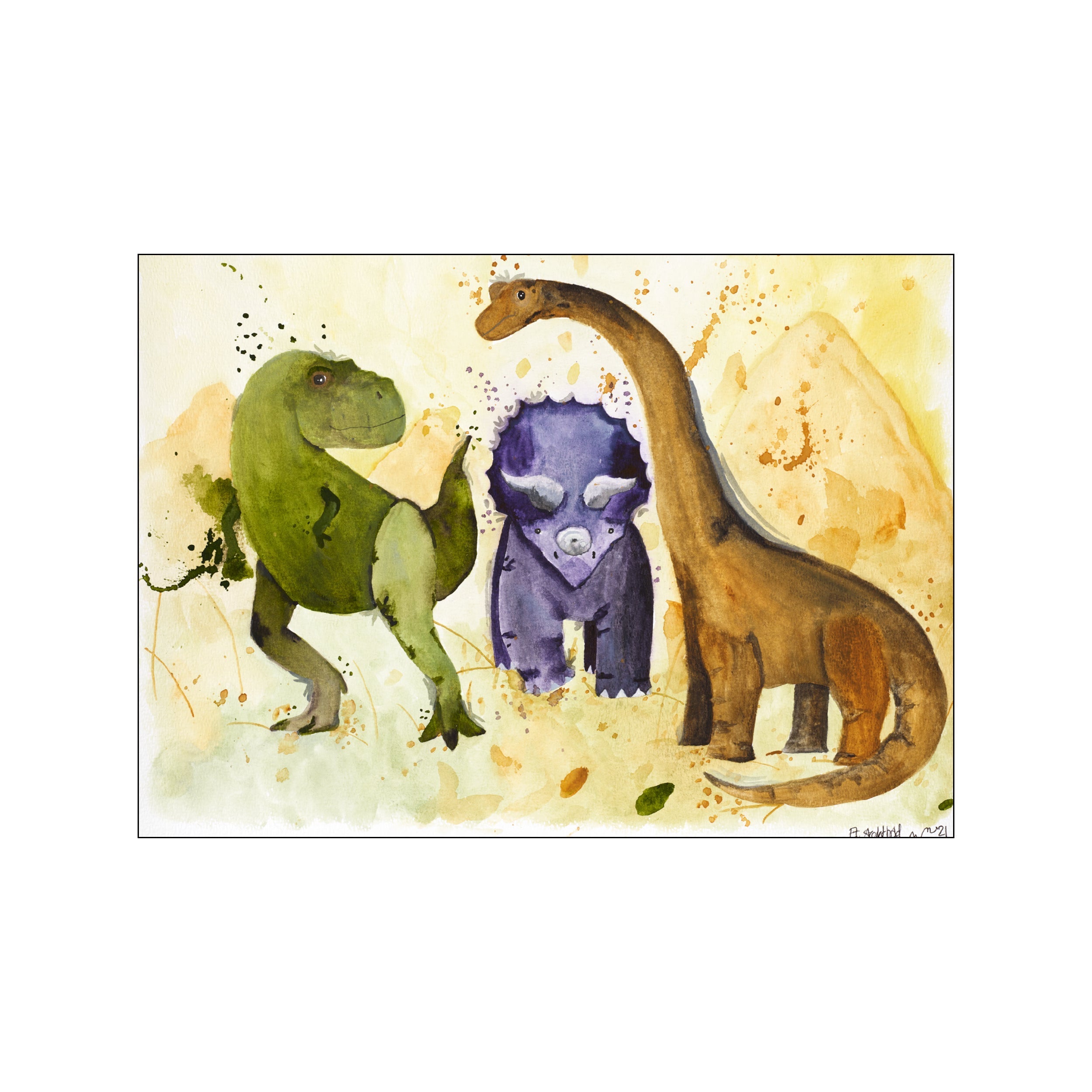 A watercolor painting features three distinct dinosaurs: a green Tyrannosaurus Rex on the left, a purple Triceratops in the center, and a brown Brontosaurus on the right. They are set against a backdrop of soft.