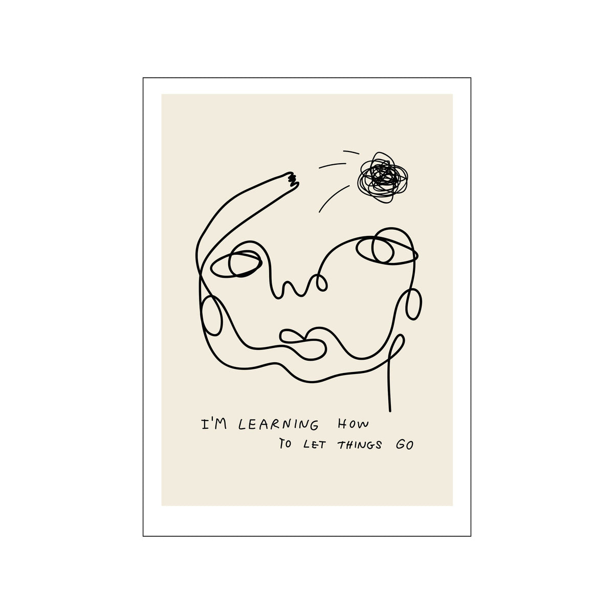 Minimal abstract face drawn in black line art with handwritten text on beige