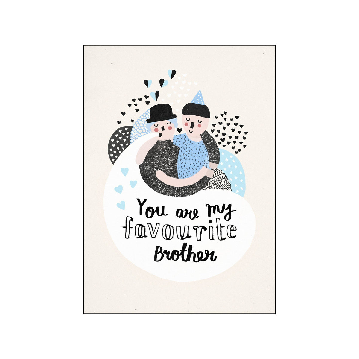 Two stylized figures embracing, with one wearing a party hat and the other a bowler hat. Playful hearts and abstract shapes surround them, conveying a message of favorite brotherly affection in a soft, warm palette.