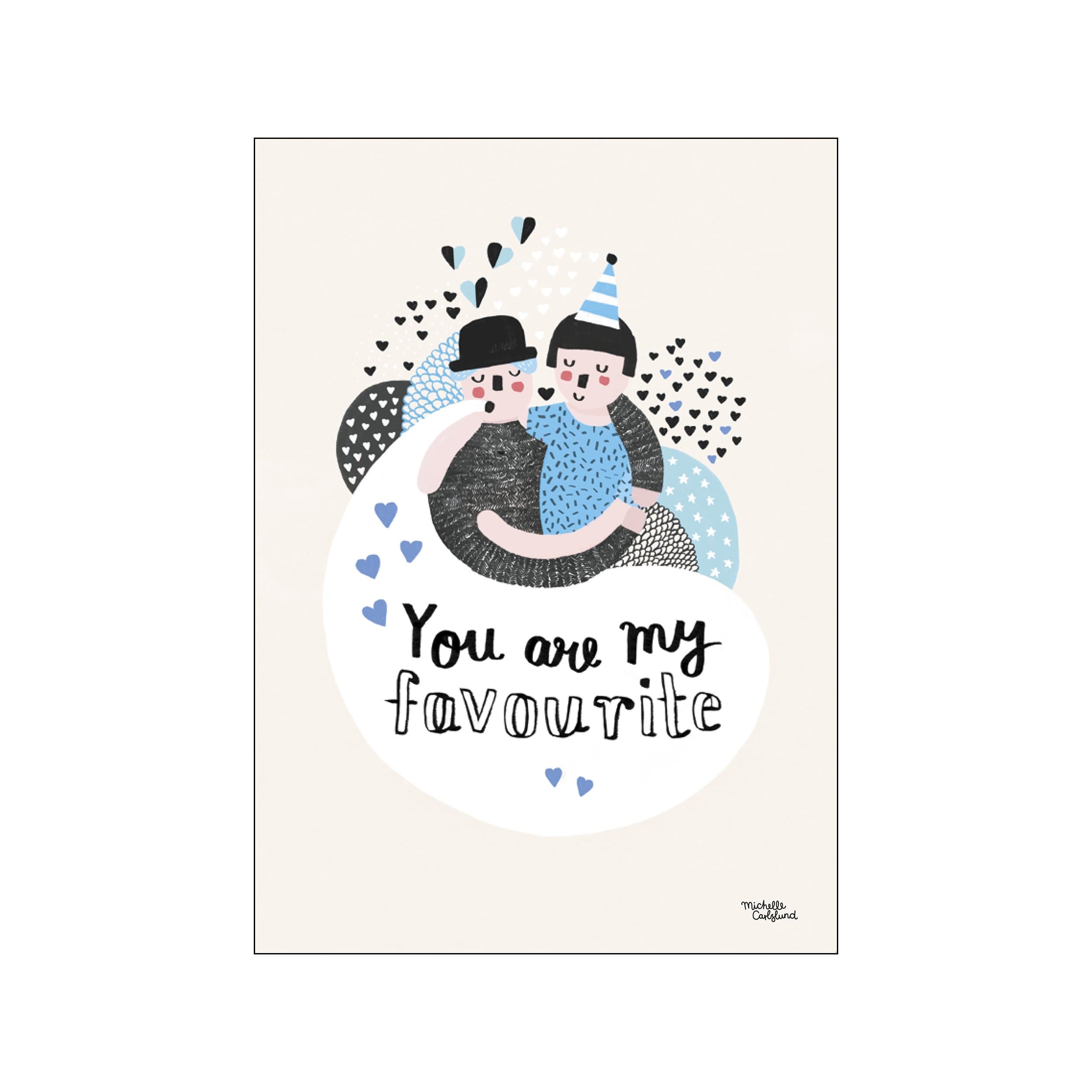 A stylized illustration of two figures embracing, adorned with playful hearts and a party hat. The artwork features a soft cream background with a color palette of blues, black, and white, conveying a sense of.