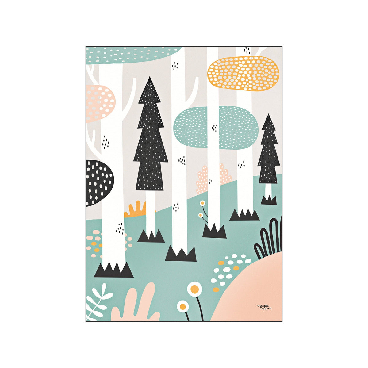 A whimsical forest illustration featuring stylized trees with charcoal trunks and white dots, set against a background of soft teal, blush pink, and yellow pastel shapes and floral elements.