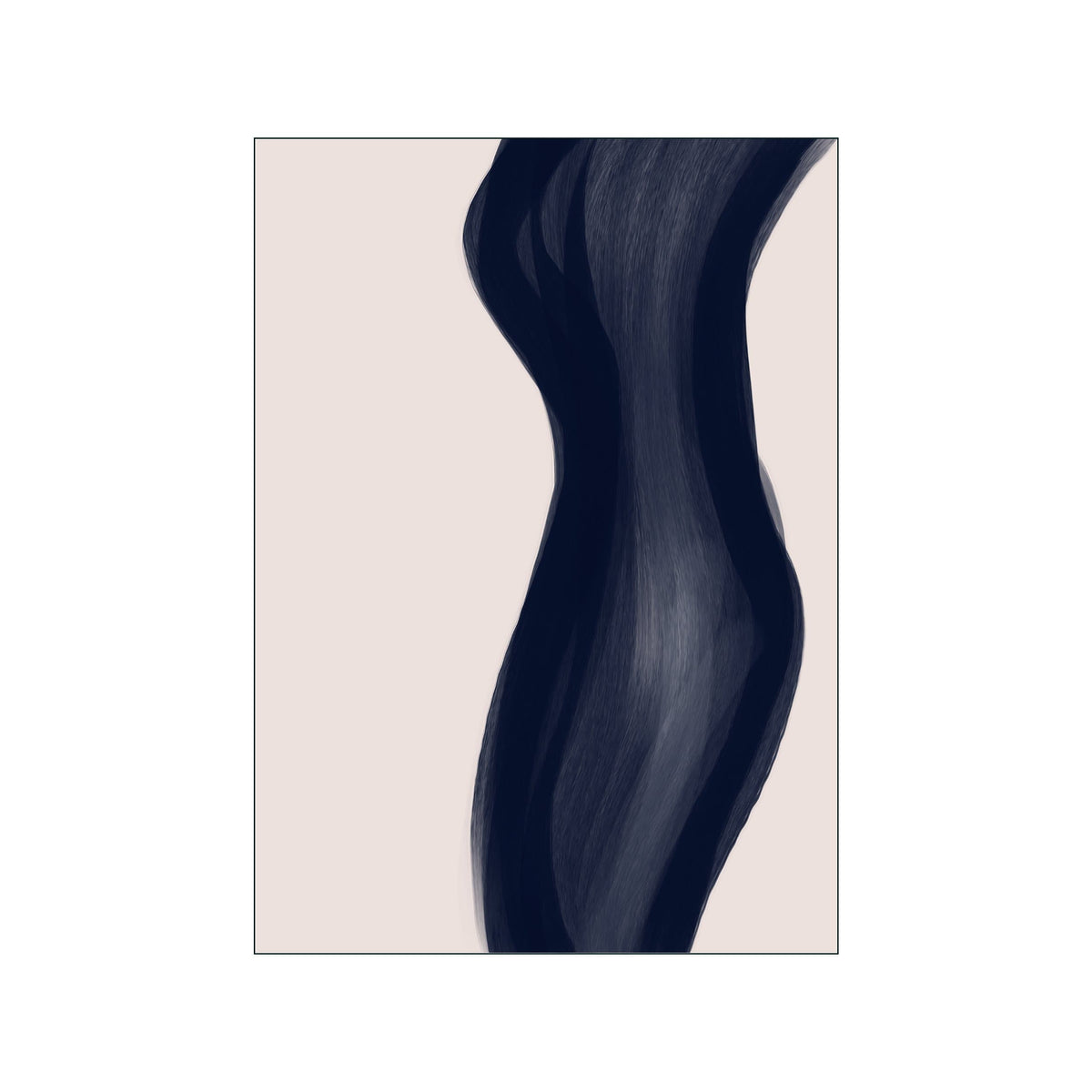 Minimal abstract print with a deep navy vertical brushstroke on a pale blush background