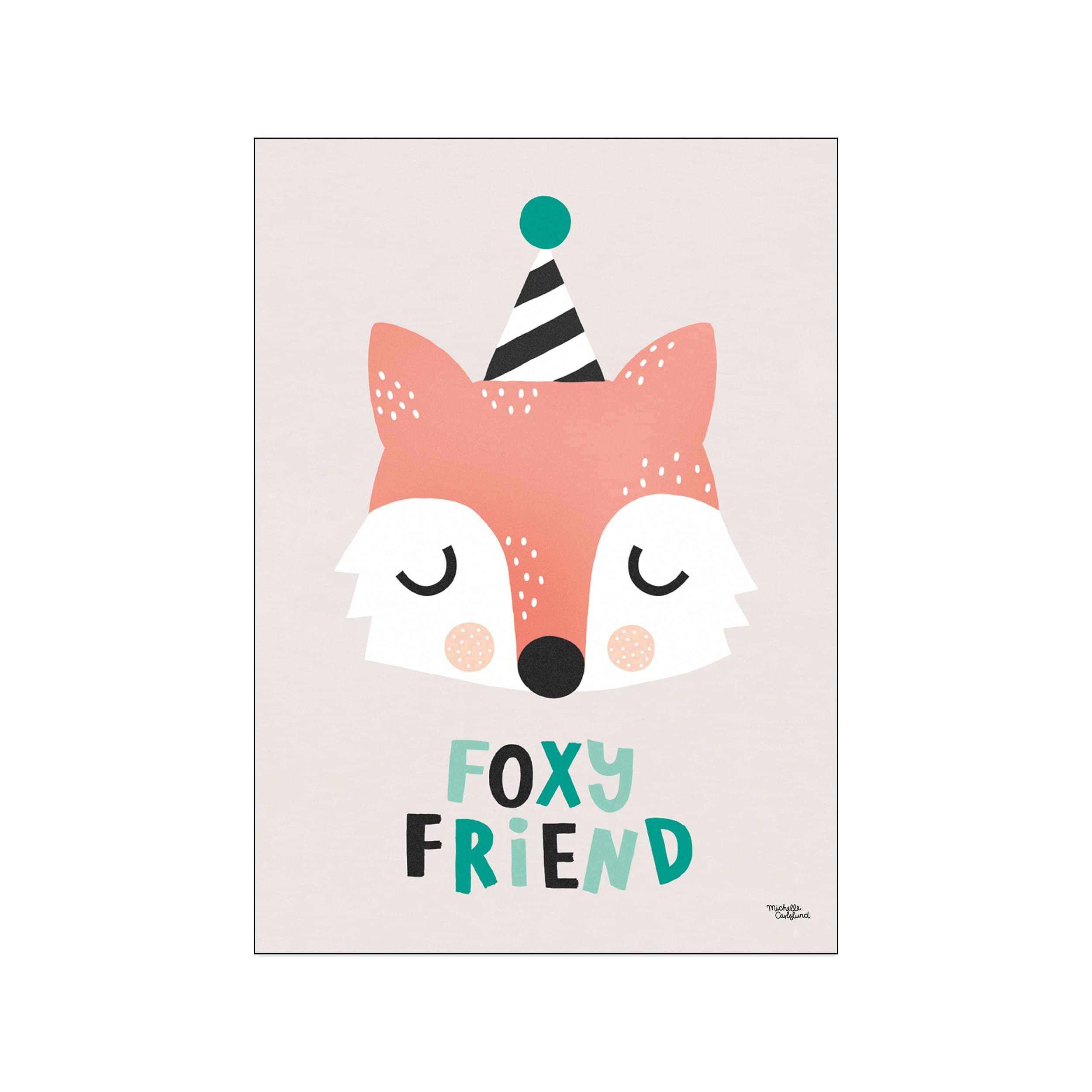 A whimsical portrait of a friendly fox wearing a party hat, with 'Foxy Friend' written below in colorful letters, rendered in soft coral, teal, and cream tones.