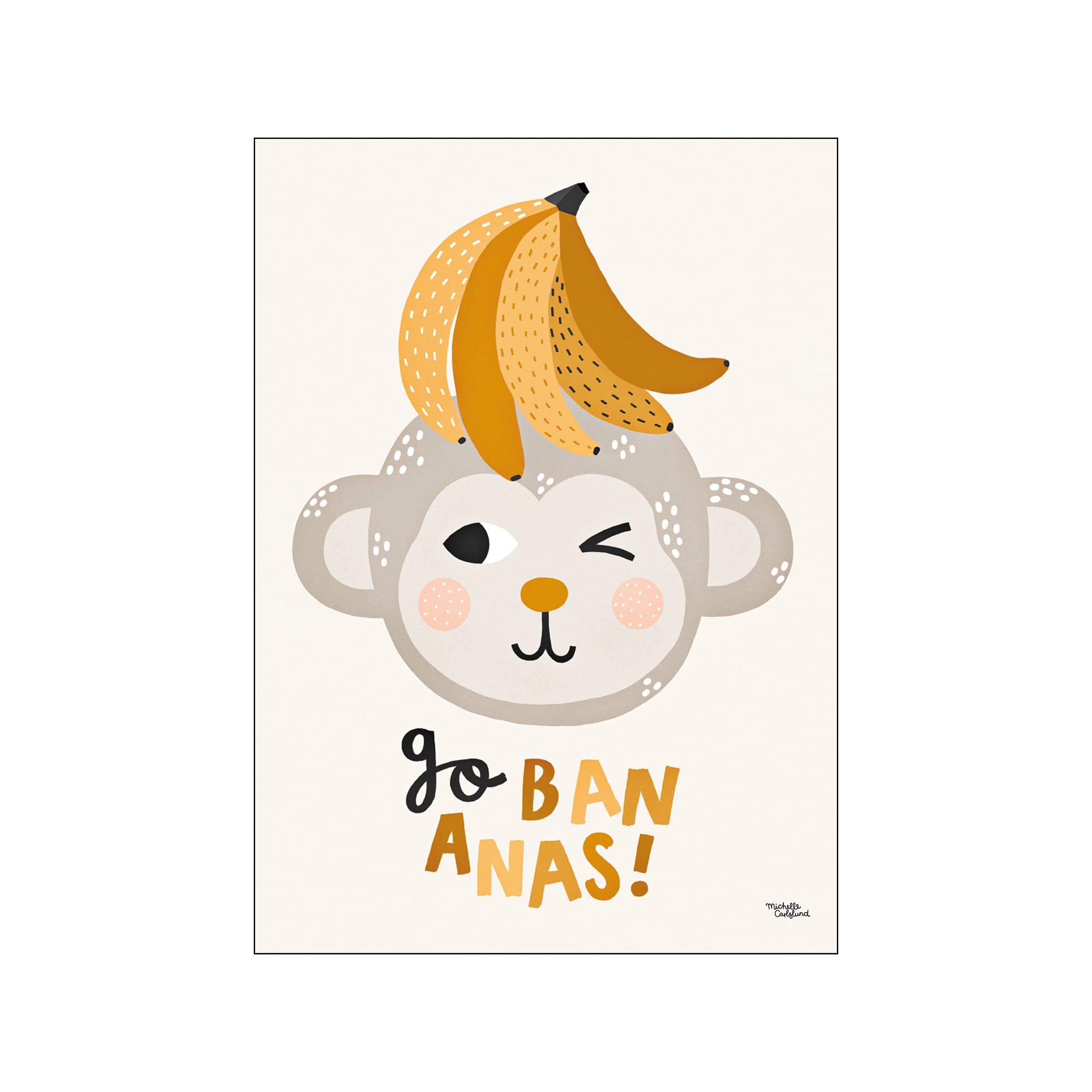 A whimsical illustration of a smiling monkey wearing a bunch of yellow bananas on its head, with the words 'go bananas!' written below in cheerful lettering. The artwork features a soft, creamy background and a.