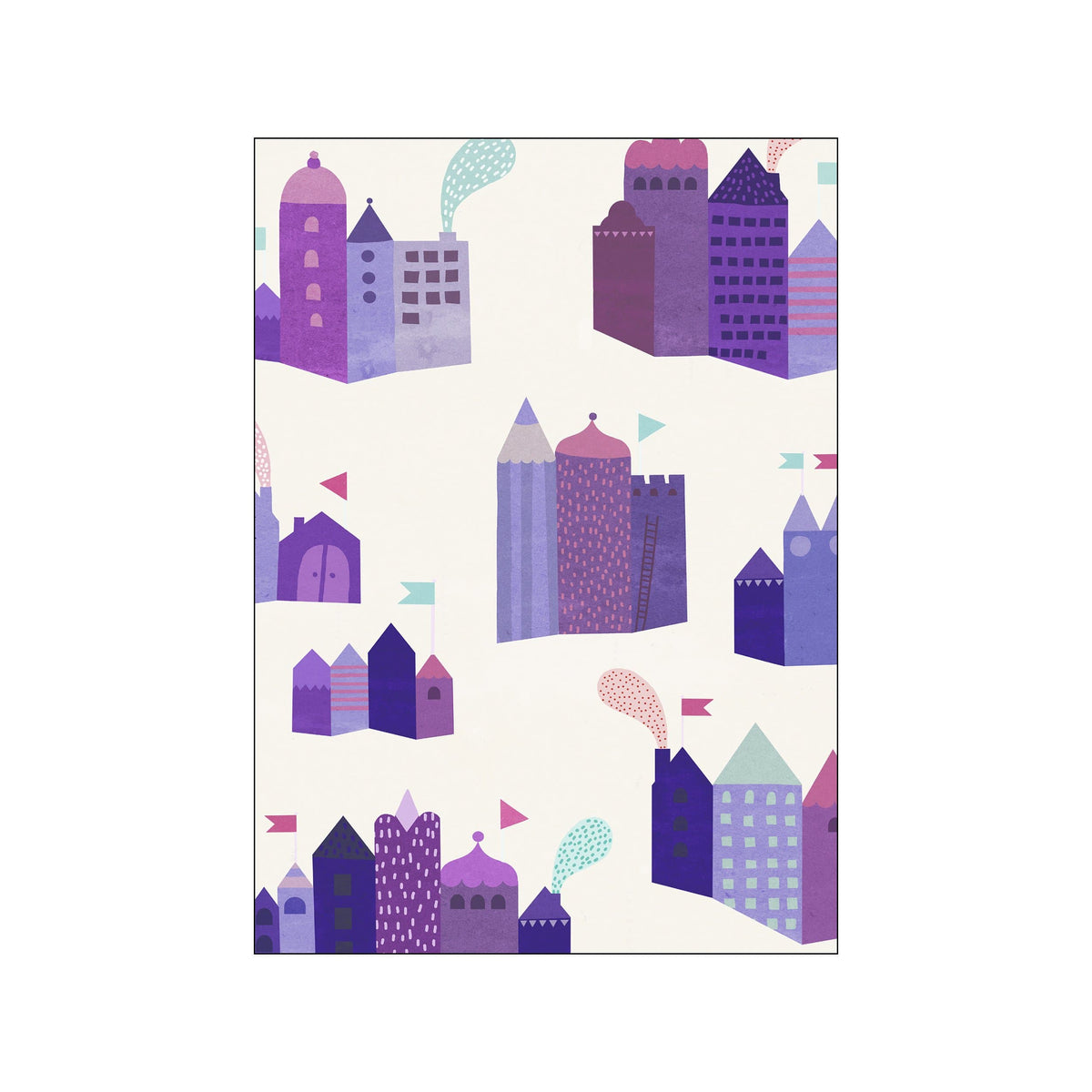 A whimsical illustration of a city skyline featuring various stylized houses and towers in shades of purple and lavender, with pops of mint green and pink. The artwork has a textured, almost childlike feel, creating.