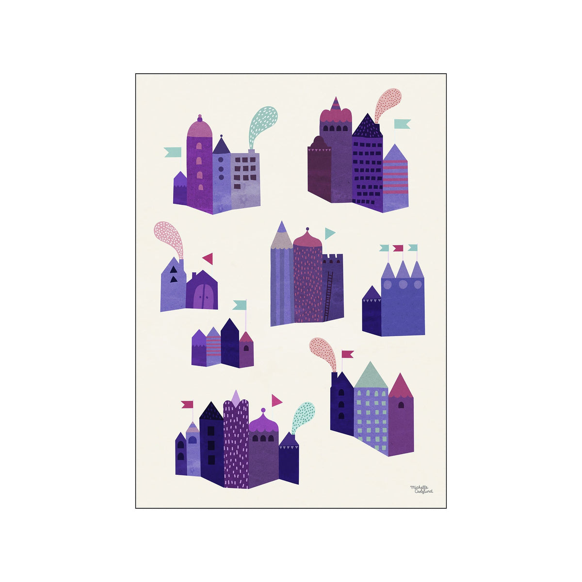 A collection of stylized houses in varying shades of purple and lavender, with whimsical smoke puffs and flags, arranged against a cream background, creating a charming city skyline.