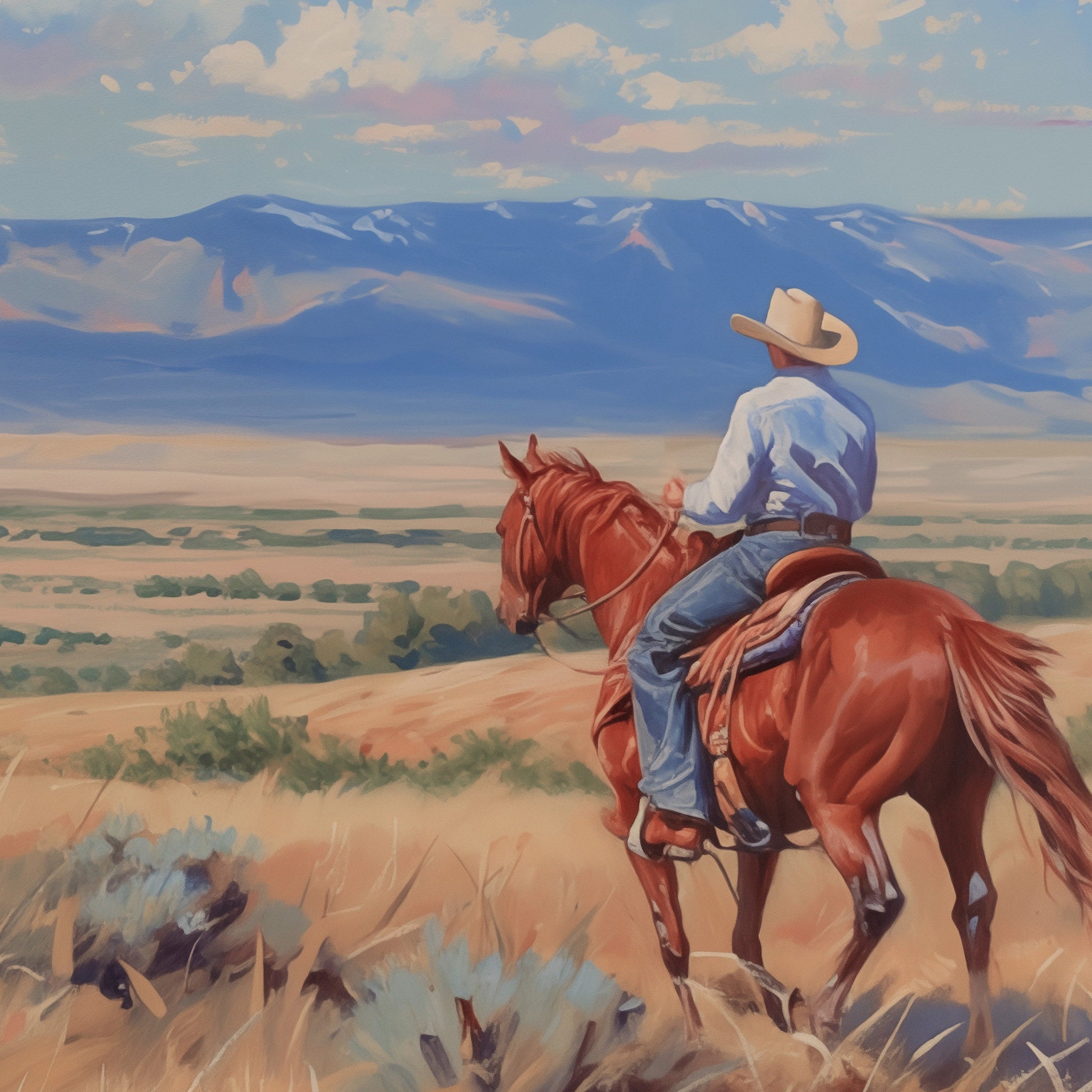 Close detail of Solitary Rider showing impressionistic brushwork and warm desert tones, mounted cowboy with atmospheric depth. A premium archival canvas print perfect for discerning collectors.