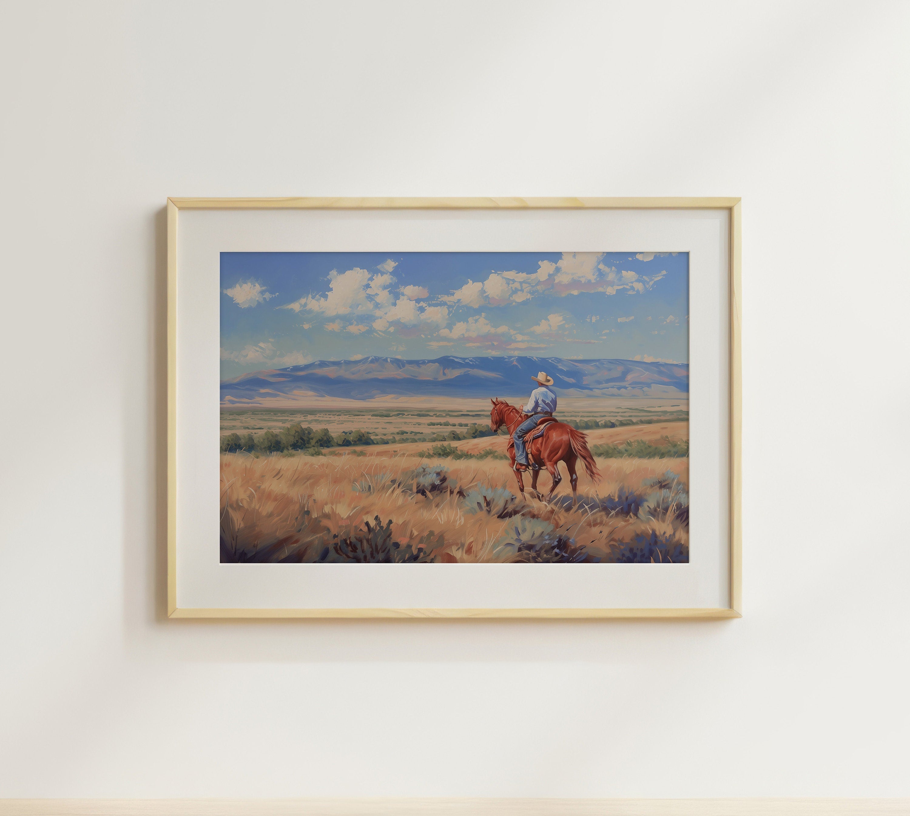 Solitary Rider Western canvas art shown in contemporary living room display, demonstrating finish quality and scale against wall. A premium archival canvas print perfect for modern rustic decor.