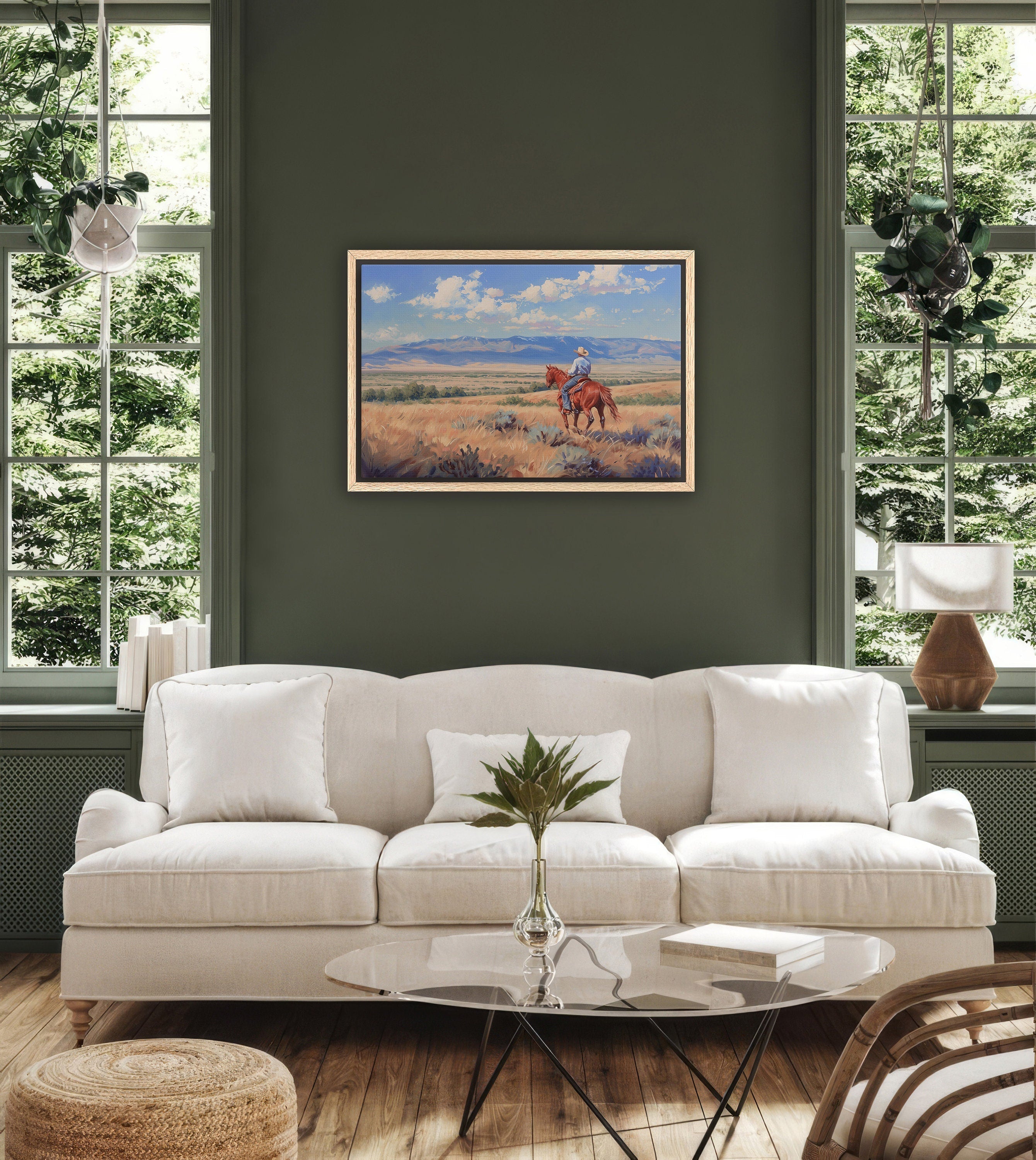 Solitary Rider canvas art displayed in styled interior, showing how the Western aesthetic anchors a room. A premium archival canvas print perfect for design-forward living spaces.