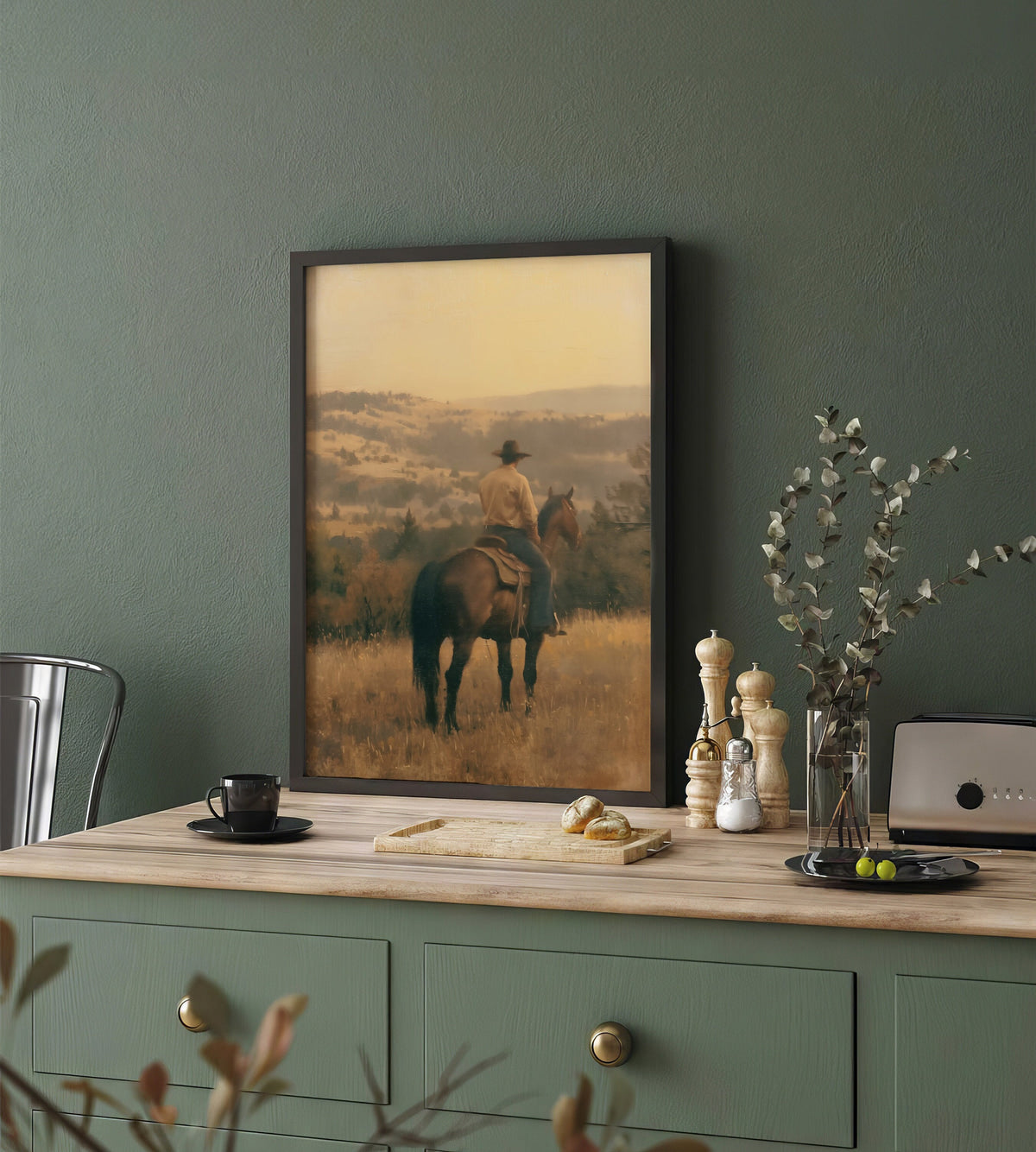 Peinture sur toile représentant un homme occidental sur un cheval pour le salon