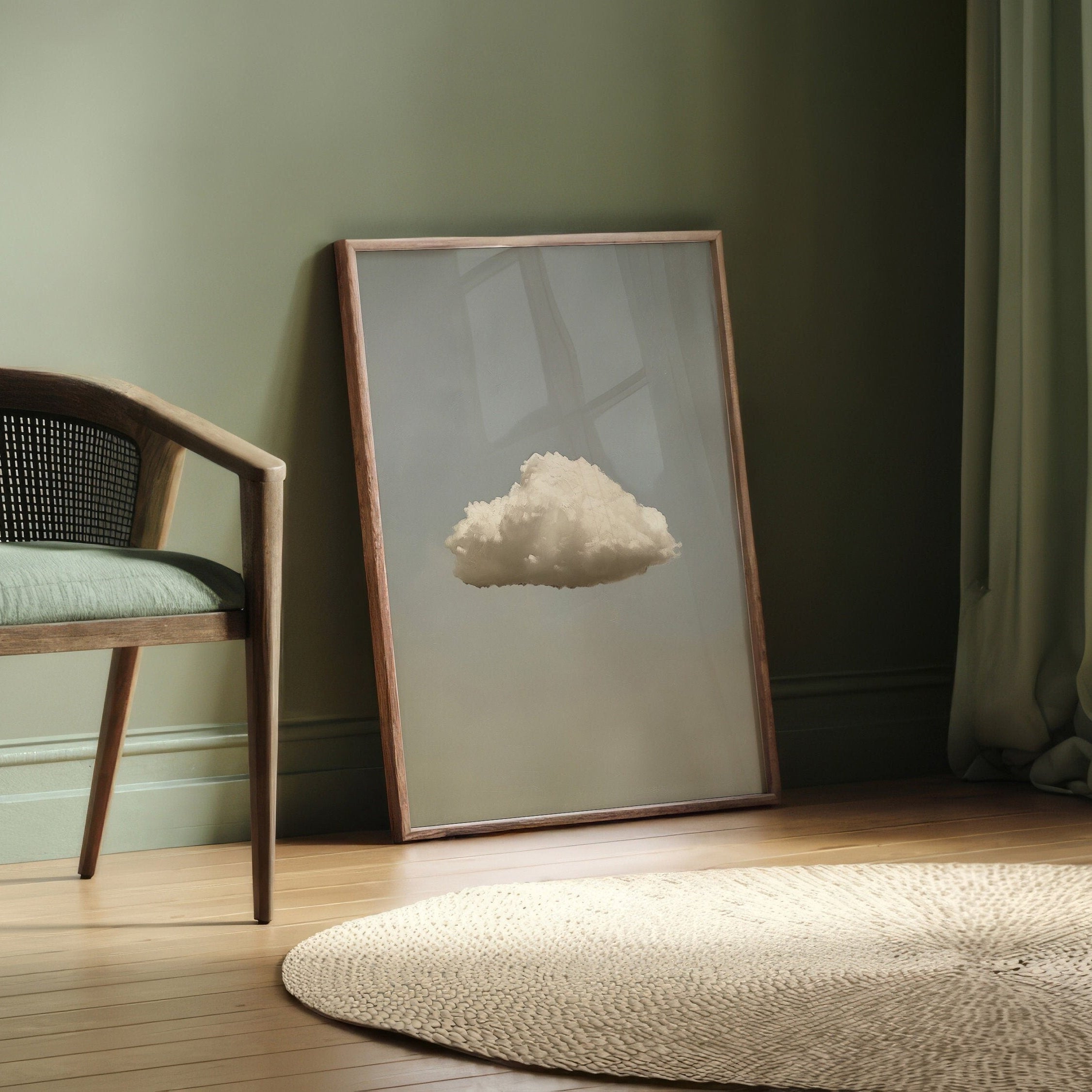 Ethereal Drift: Minimalist cloud art print. A single soft cloud in a gray sky. Calming and modern atmosphere, perfect for a contemporary office.