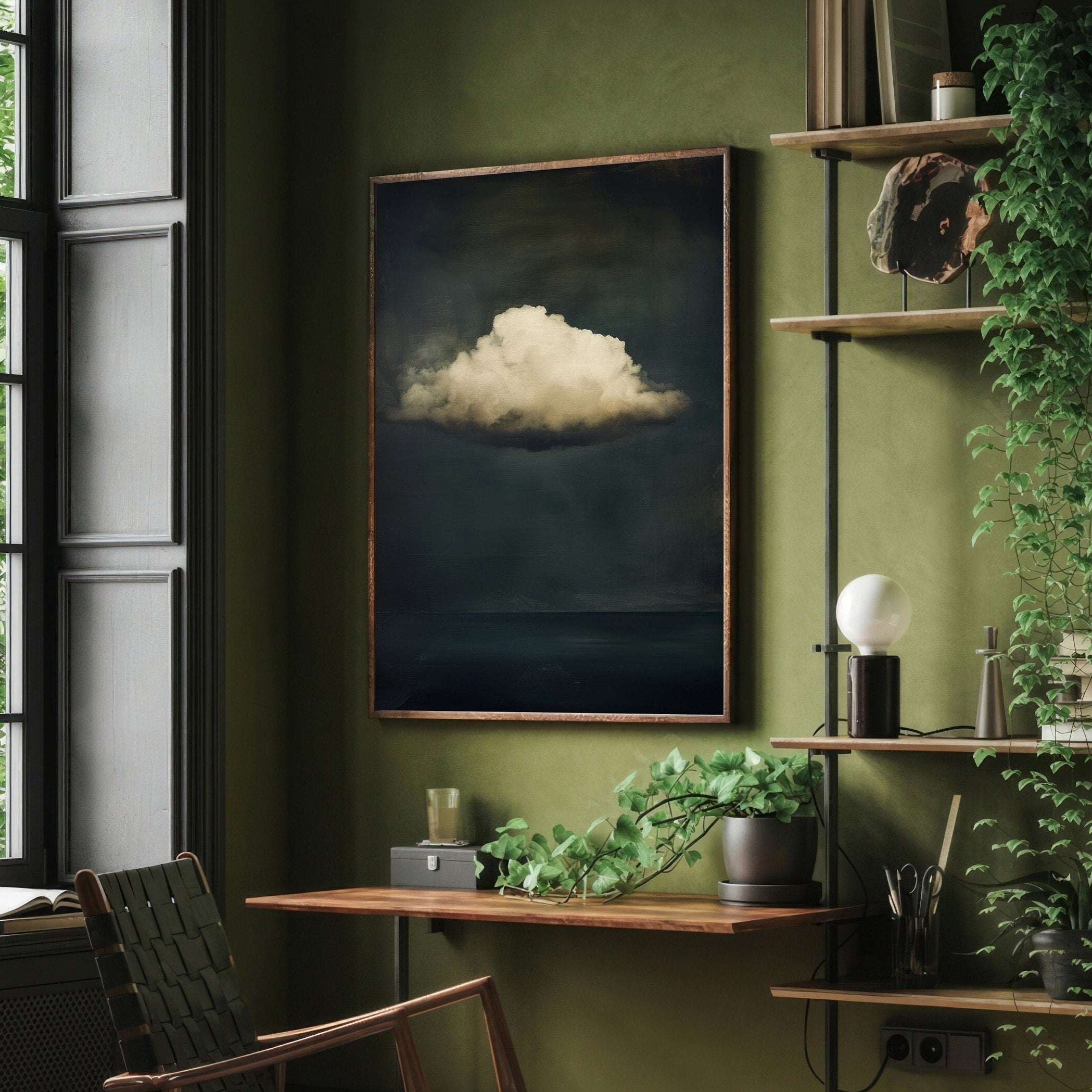 Dark and dramatic storm clouds in shades of charcoal and purple. A bold and moody centerpiece in a contemporary living room with leather furniture.