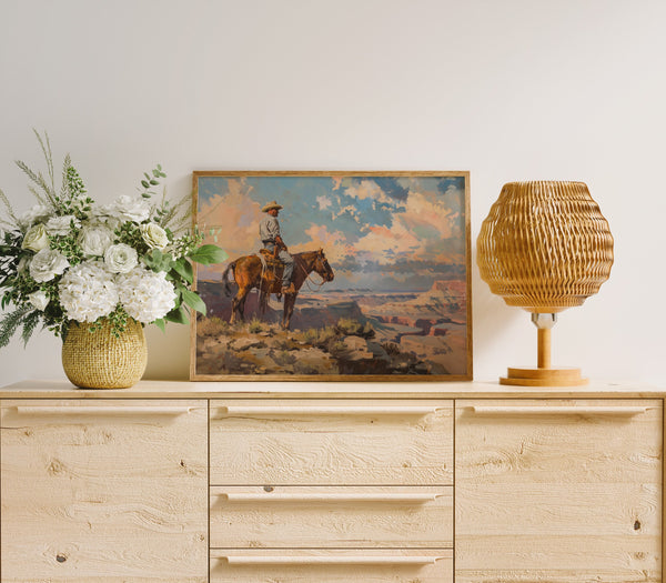 Vintage Western Man On A Horse Painting Canvas Art for Living room