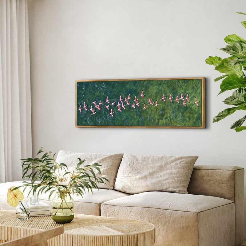 Flamingos Flying Over Emerald Ocean Art Print Canvas Art - View 4