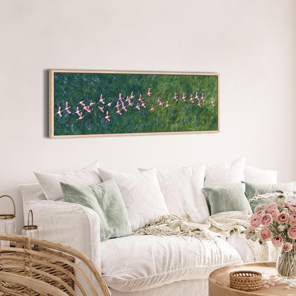 Flamingos Flying Over Emerald Ocean Art Print Canvas Art