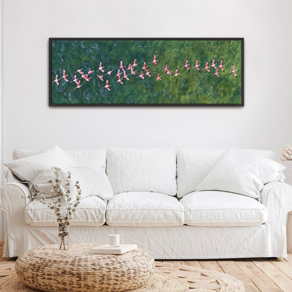 Flamingos Flying Over Emerald Ocean Art Print Canvas Art - View 3