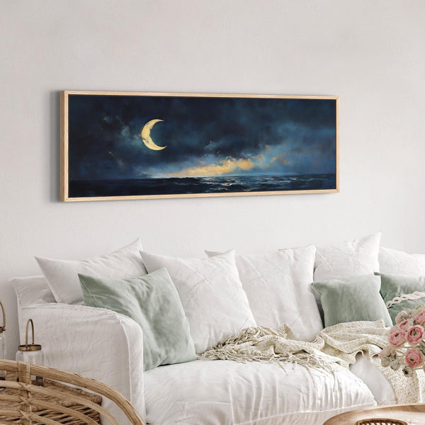 Crescent Moon At Night Painting - Moody Canvas Art