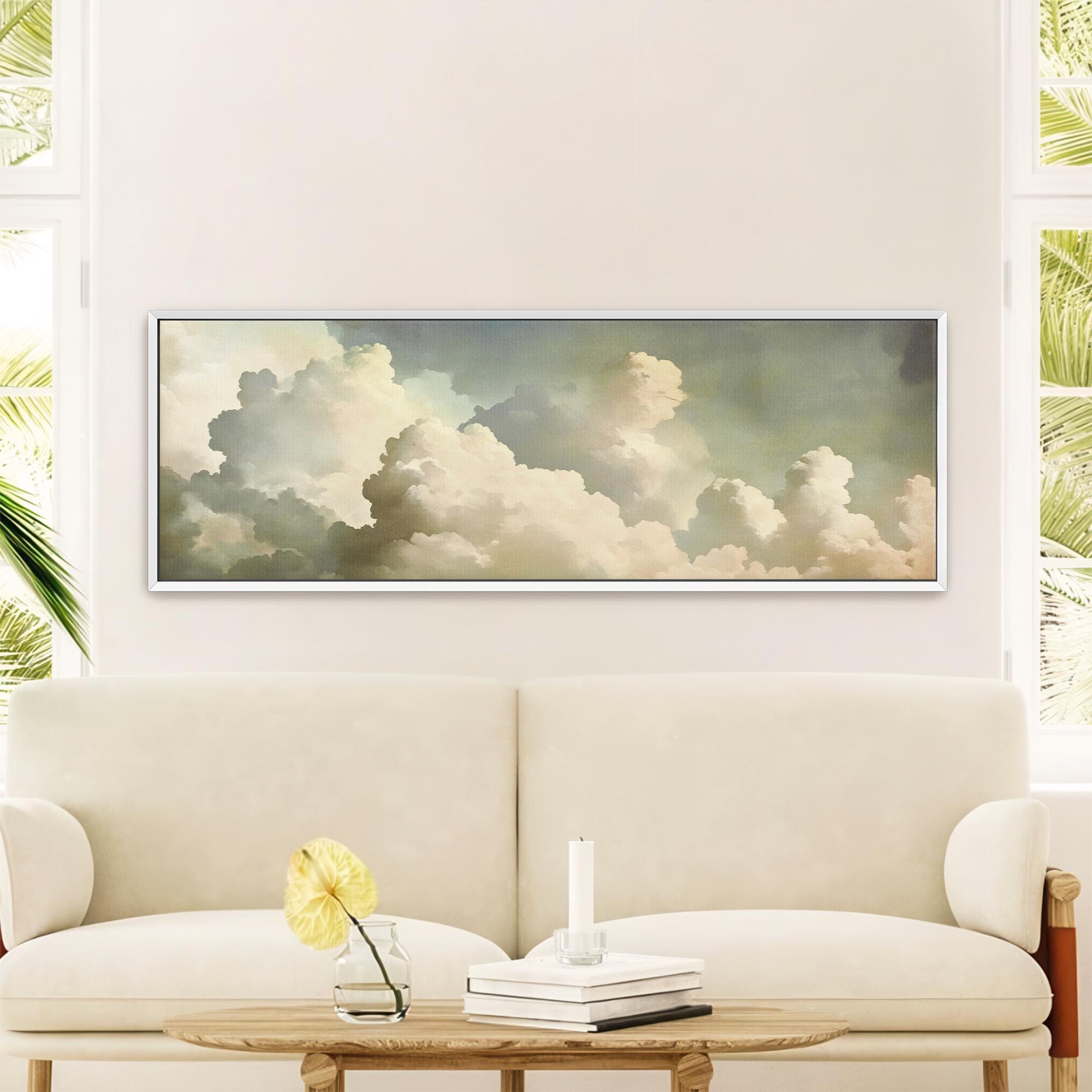 Atmospheric sky study hung in a quiet nursery, providing a soothing and neutral backdrop with its gentle swirling ivory textures.