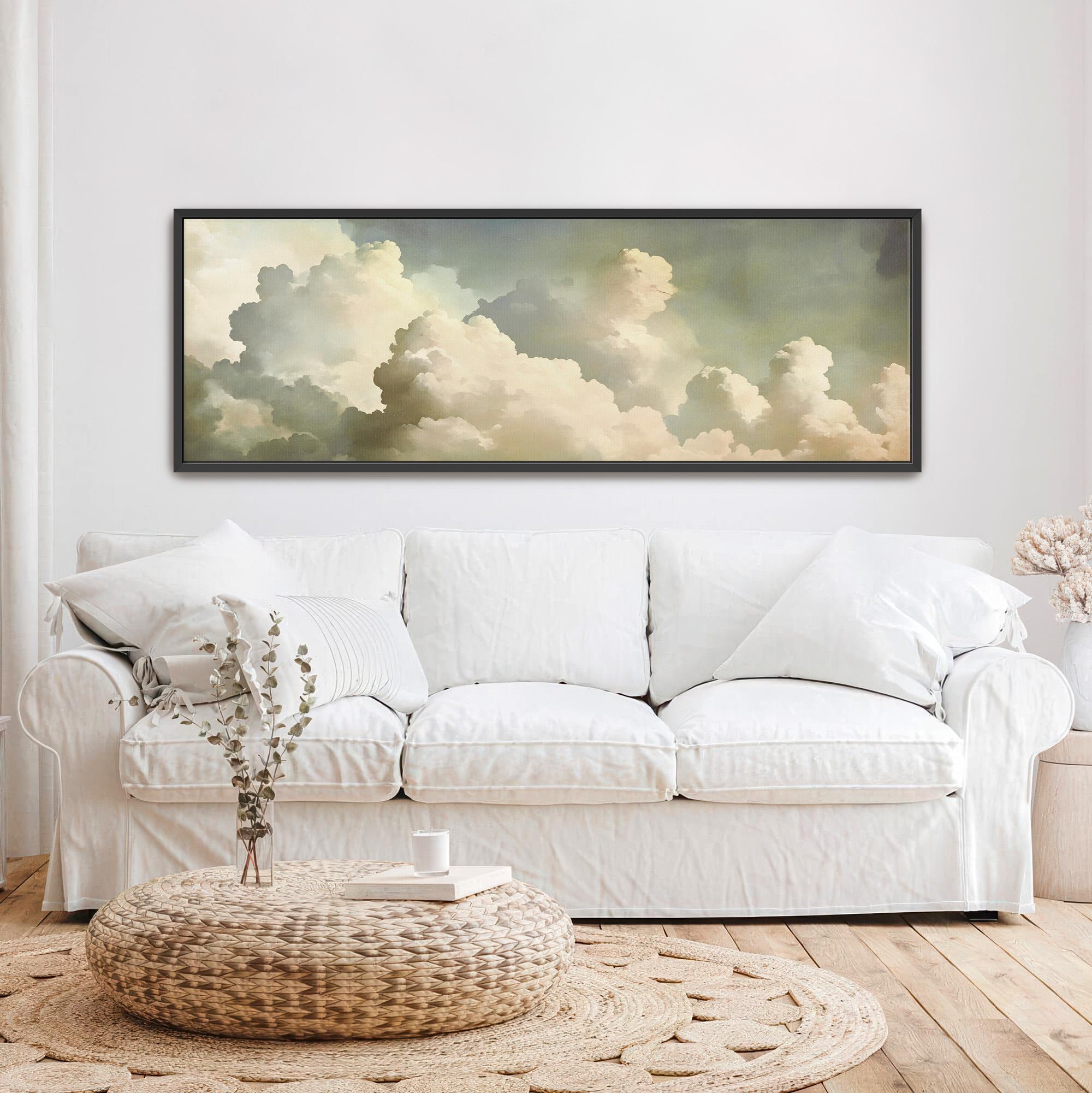 Side profile of the premium gallery presentation, showing the seamless wrap and substantial depth of the cream-toned atmospheric piece.