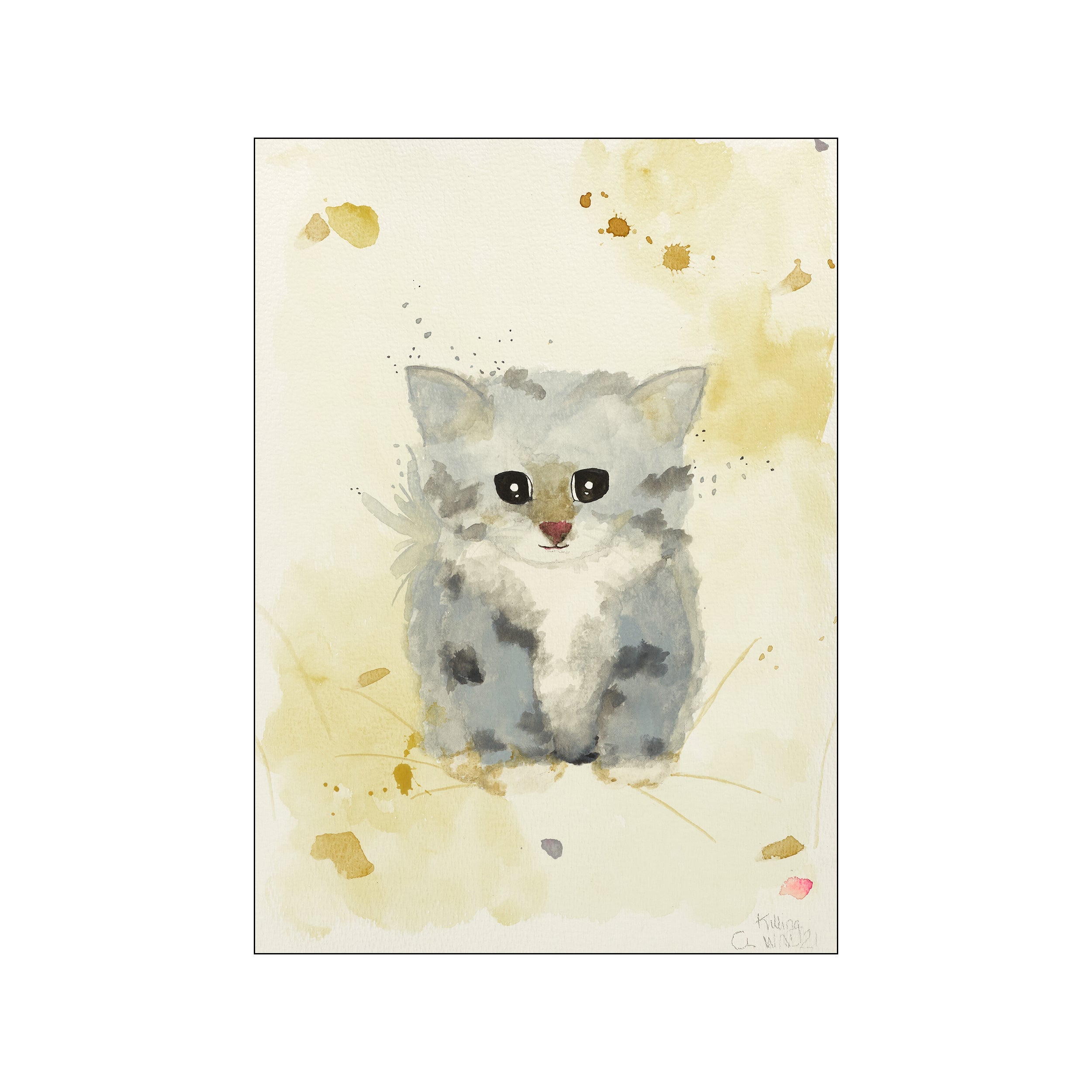 A sweet, grey and white kitten with wide, dark eyes sits centered on a soft, textured background. The artwork features loose watercolor washes in creamy ochre and grey, with delicate splatters and a subtle blush.