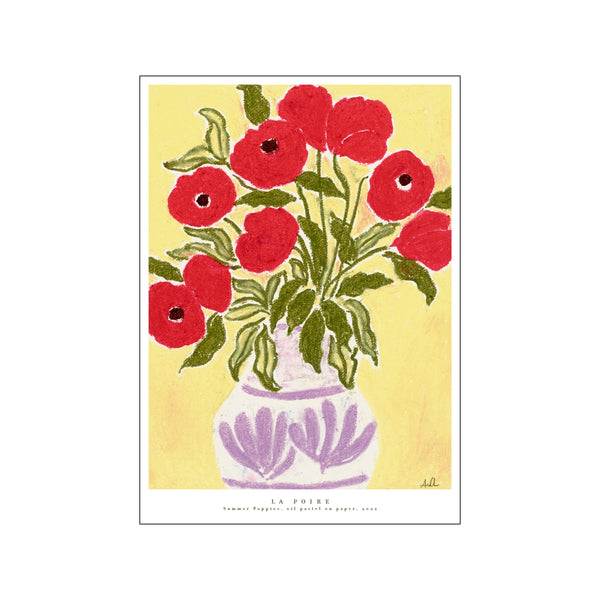 A vibrant bouquet of red poppies in a patterned vase against a bright yellow background, rendered with expressive strokes, bringing a cheerful and summery feel to the space.