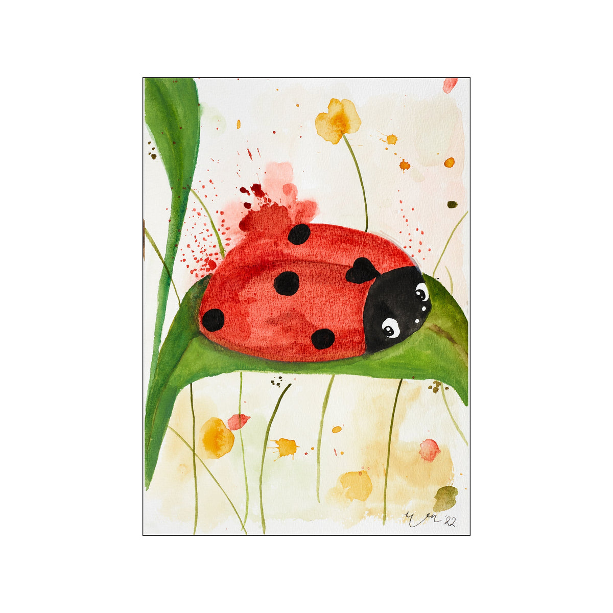 A charming watercolor painting features a red ladybug with black spots resting on a vibrant green leaf. Delicate wildflowers and abstract green and red splatters create a soft, whimsical background.