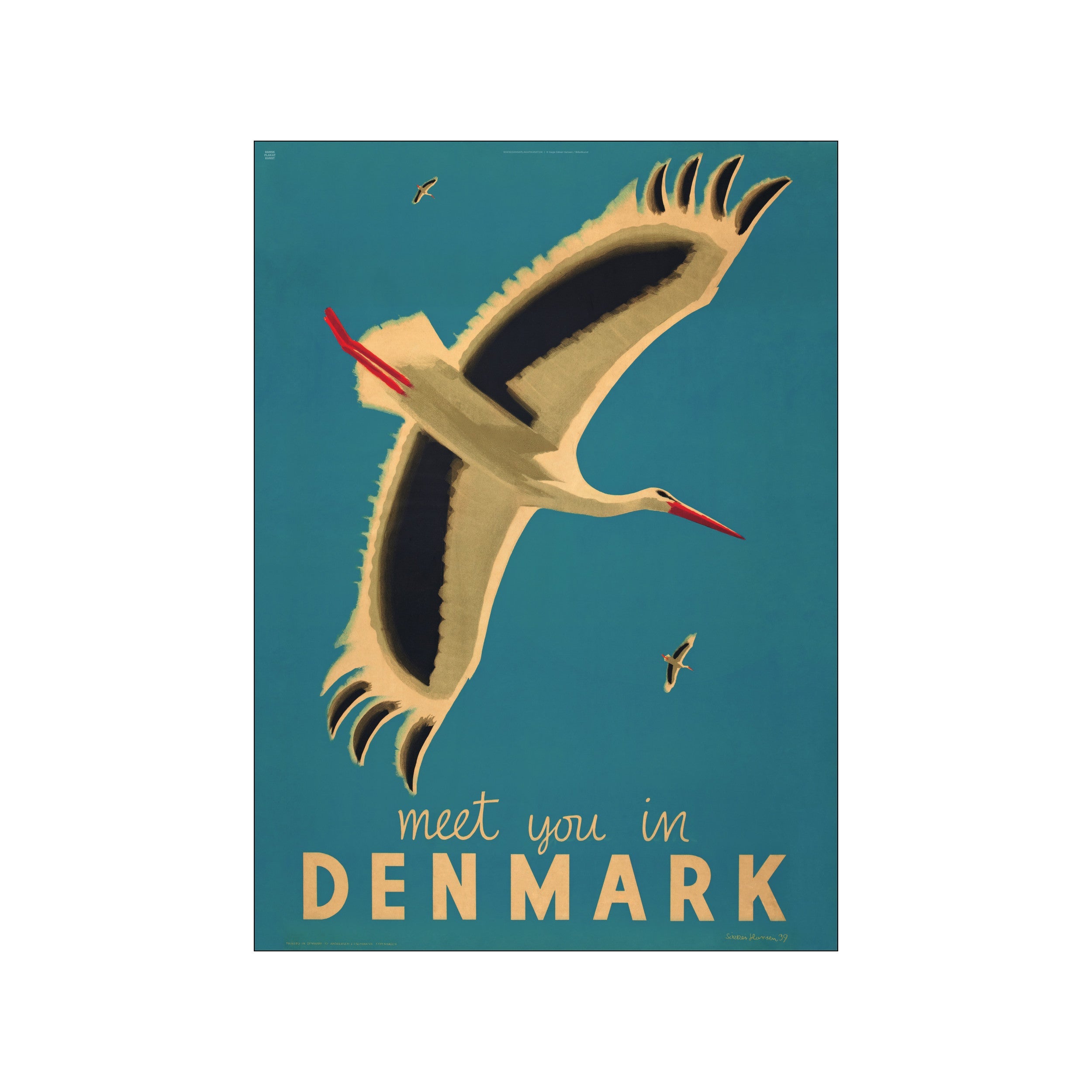 Vintage Denmark poster with soaring storks on a teal background and bold title text