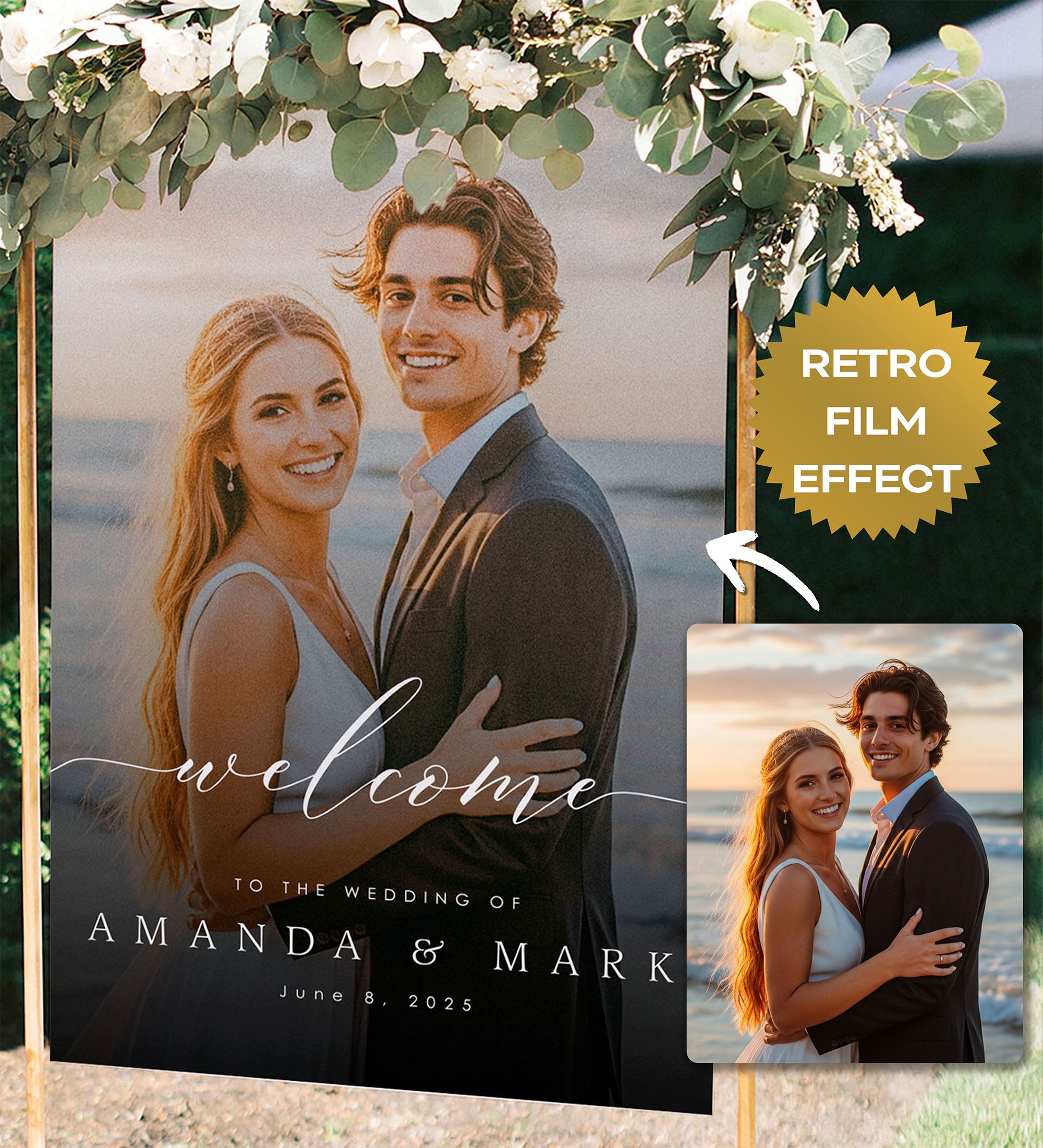 Custom Wedding Welcome Sign with Retro Photo Effect D11