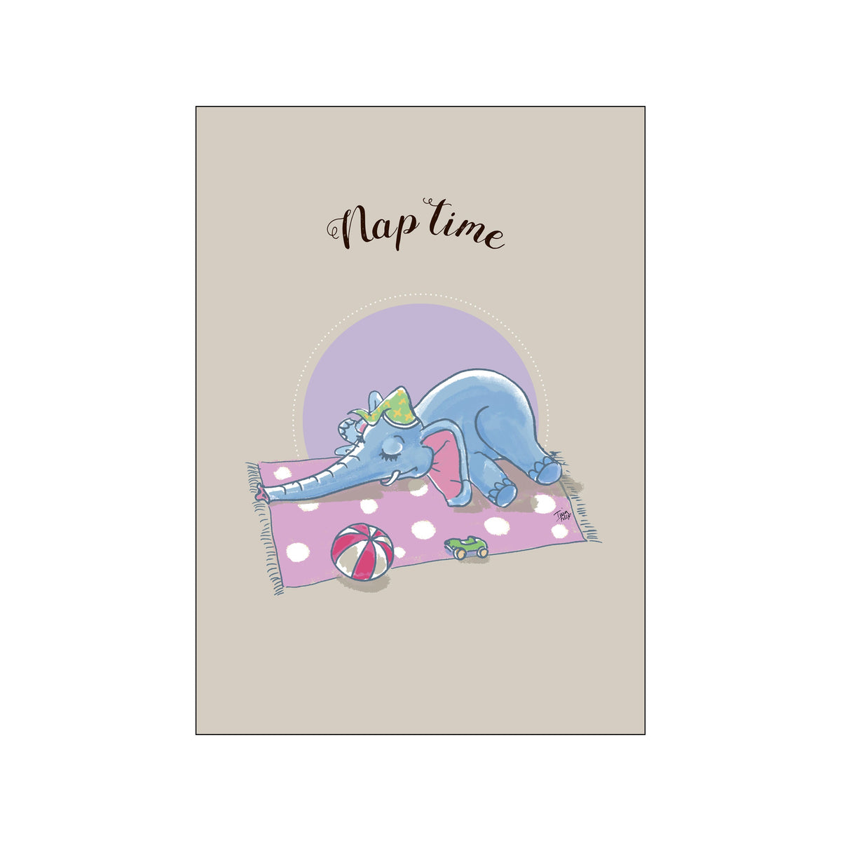A whimsical illustration of a blue elephant peacefully napping on a pink polka dot rug, wearing a green patterned hat, with toys nearby, all set against a neutral background.