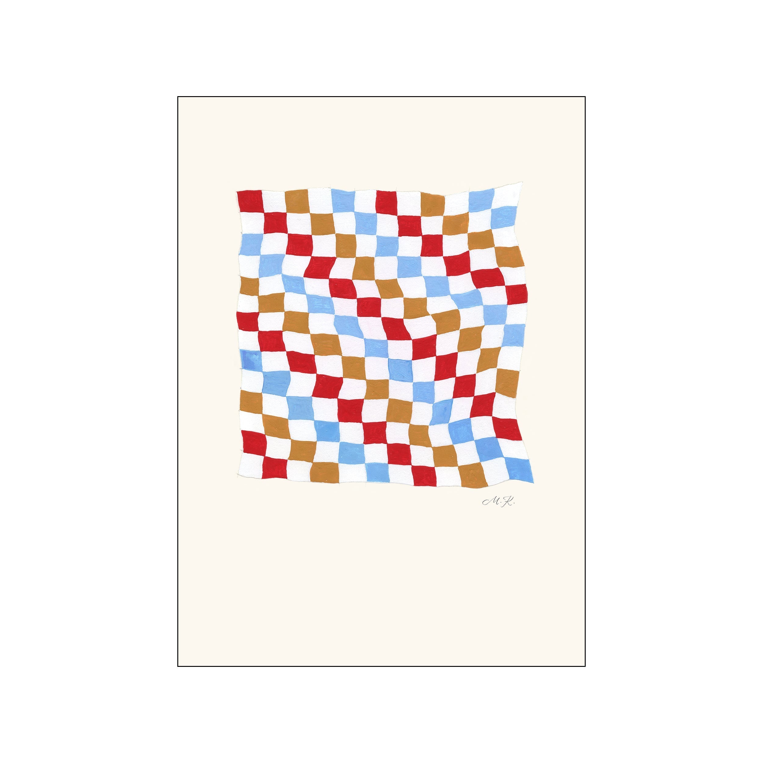 An abstract artwork featuring a distorted checkerboard pattern in red, blue, and ochre squares against a cream background, evoking a sense of soft movement and playful warmth.