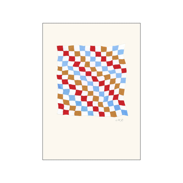 An abstract artwork featuring a distorted checkerboard pattern in red, blue, and ochre squares against a cream background, evoking a sense of soft movement and playful warmth.