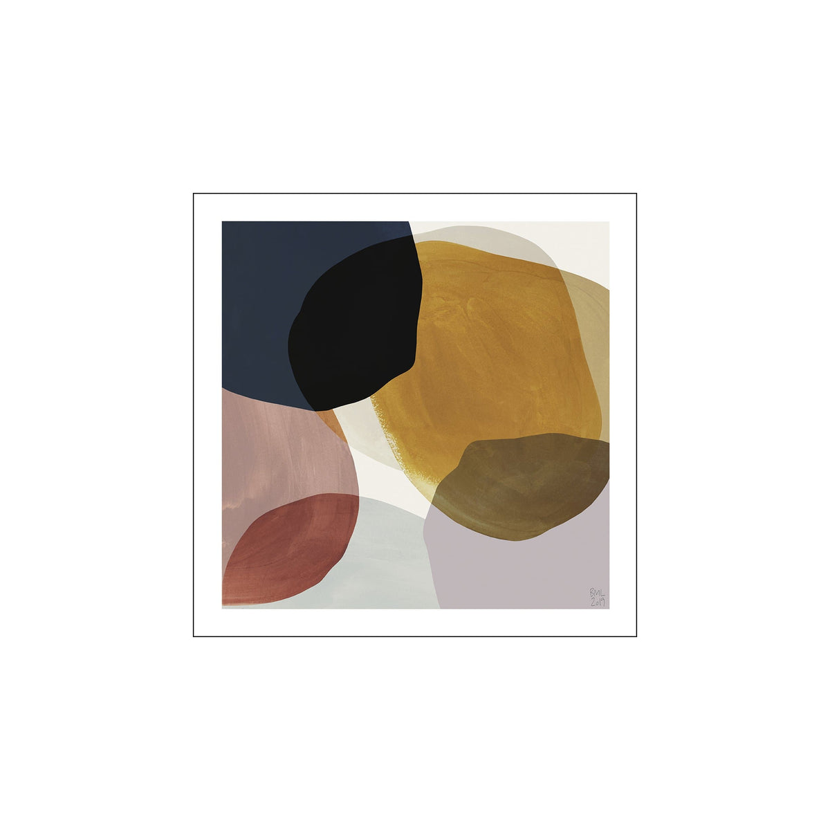 Square abstract print with overlapping mustard, navy, black, rust, and blush forms