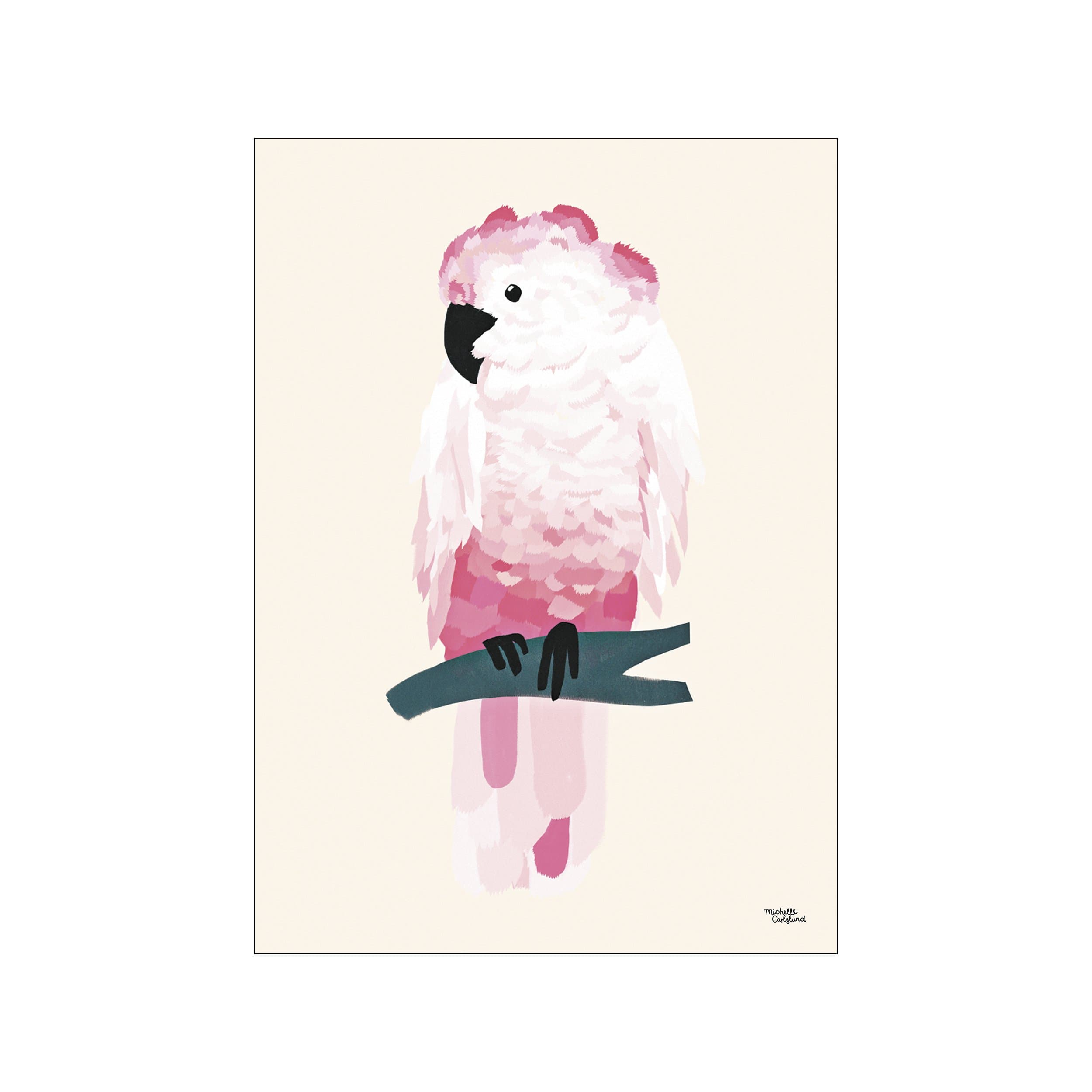 A charming illustration of a pink cockatoo perched on a dark branch, rendered with soft brushstrokes in shades of pink, white, and cream against a pale background.