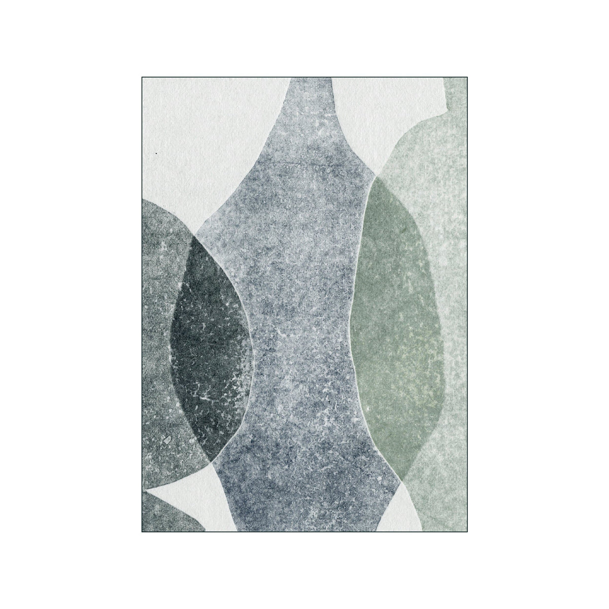 Abstract botanical collage with layered green and slate forms on a pale textured ground