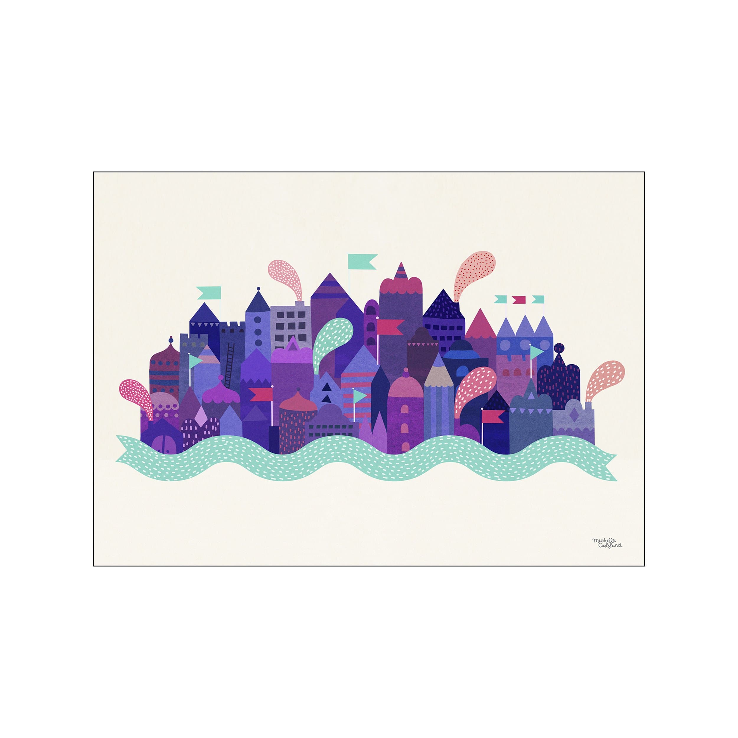 A colorful, stylized cityscape with varied purple buildings, flags, and puffs of pink and teal smoke, set against an off-white background with a decorative mint green ribbon below.