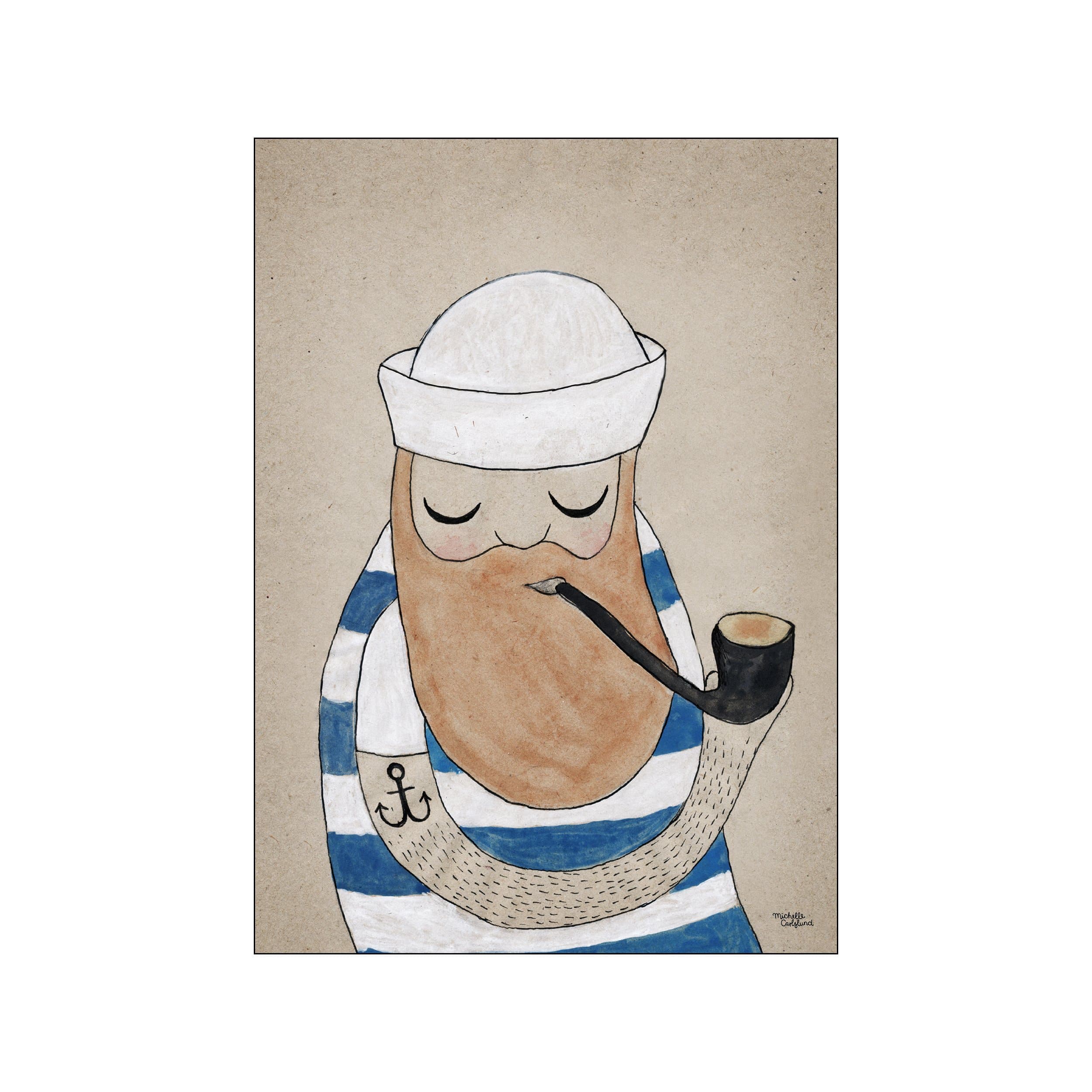 A charming illustration of a sailor with a large beard, wearing a white sailor hat and a blue and white striped shirt, holding a pipe. The artwork has a warm, vintage feel with an anchor.