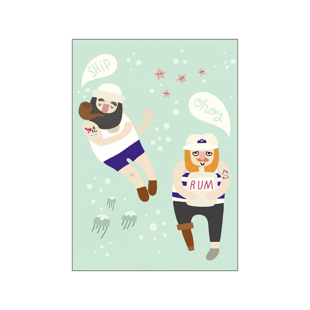 Two cheerful, stylized sailors with beards and hats float in a pale green underwater scene. Bubbles, jellyfish, and small pink starfish surround them. One sailor holds a bottle labeled 'RUM', the other has a pipe..