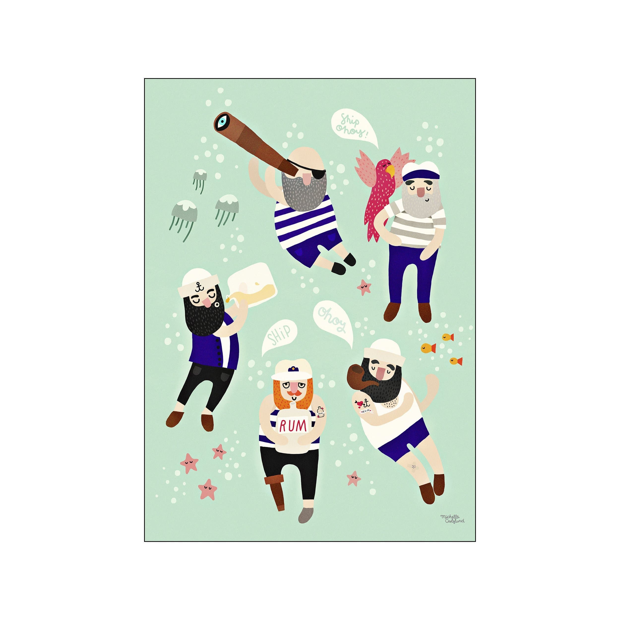 A charming collection of cartoon sailors in striped shirts and sailor hats, floating underwater amongst bubbles, starfish, and small fish, with a pink bird and a spyglass. Soft mint and aqua color palette.