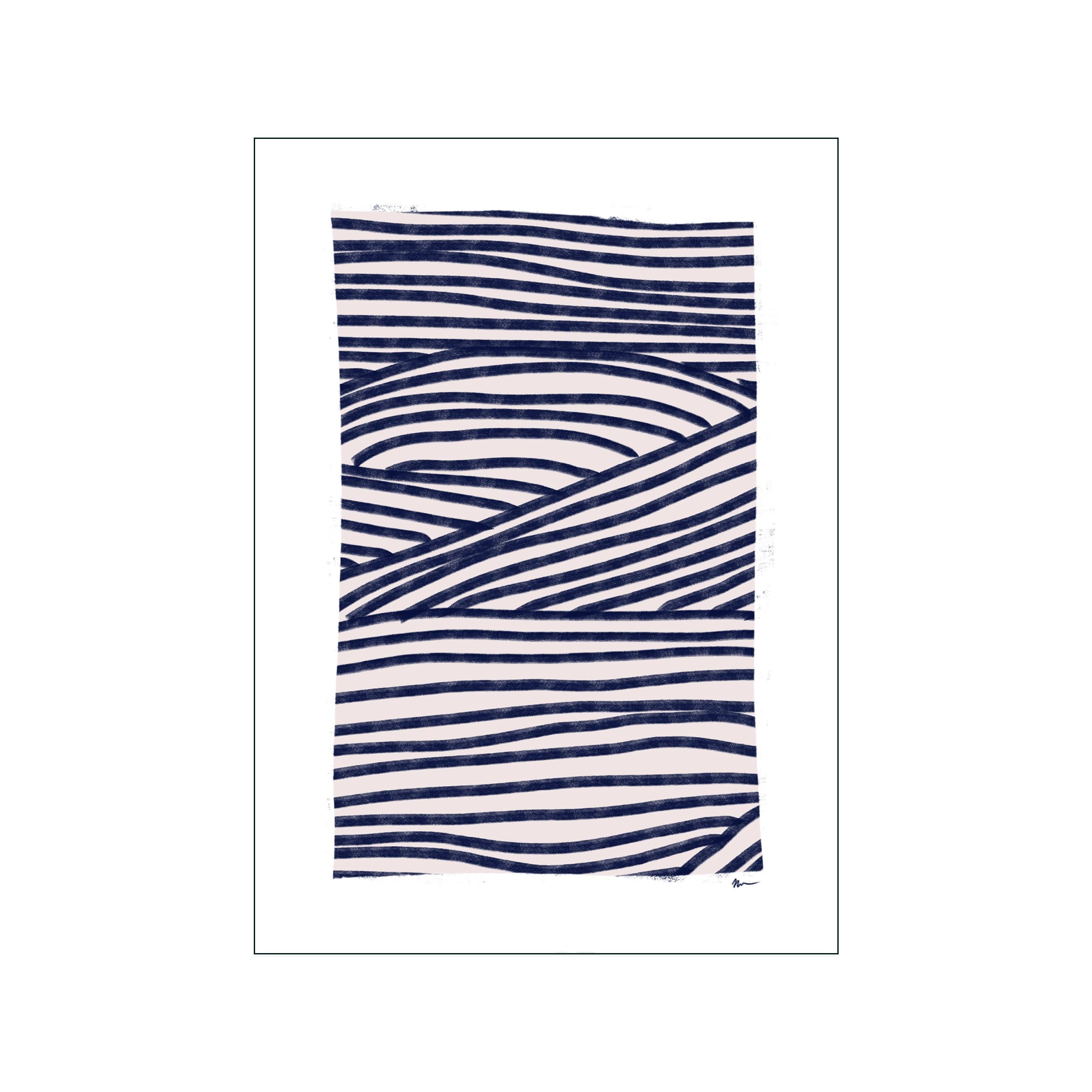 Abstract navy blue line drawing with layered horizontal bands and sweeping curves on white