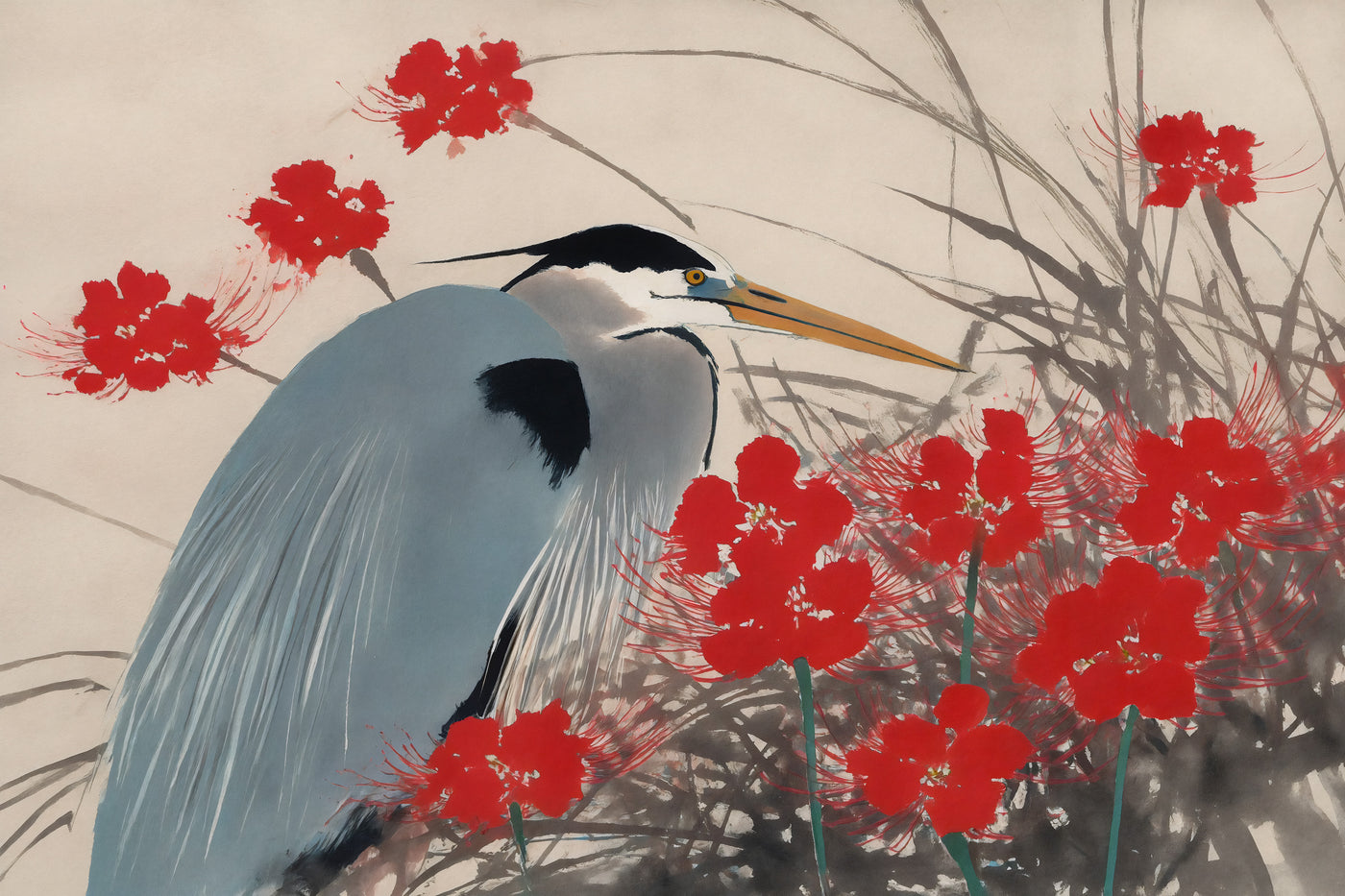Blue Heron with Crimson Blossoms Canvas Art