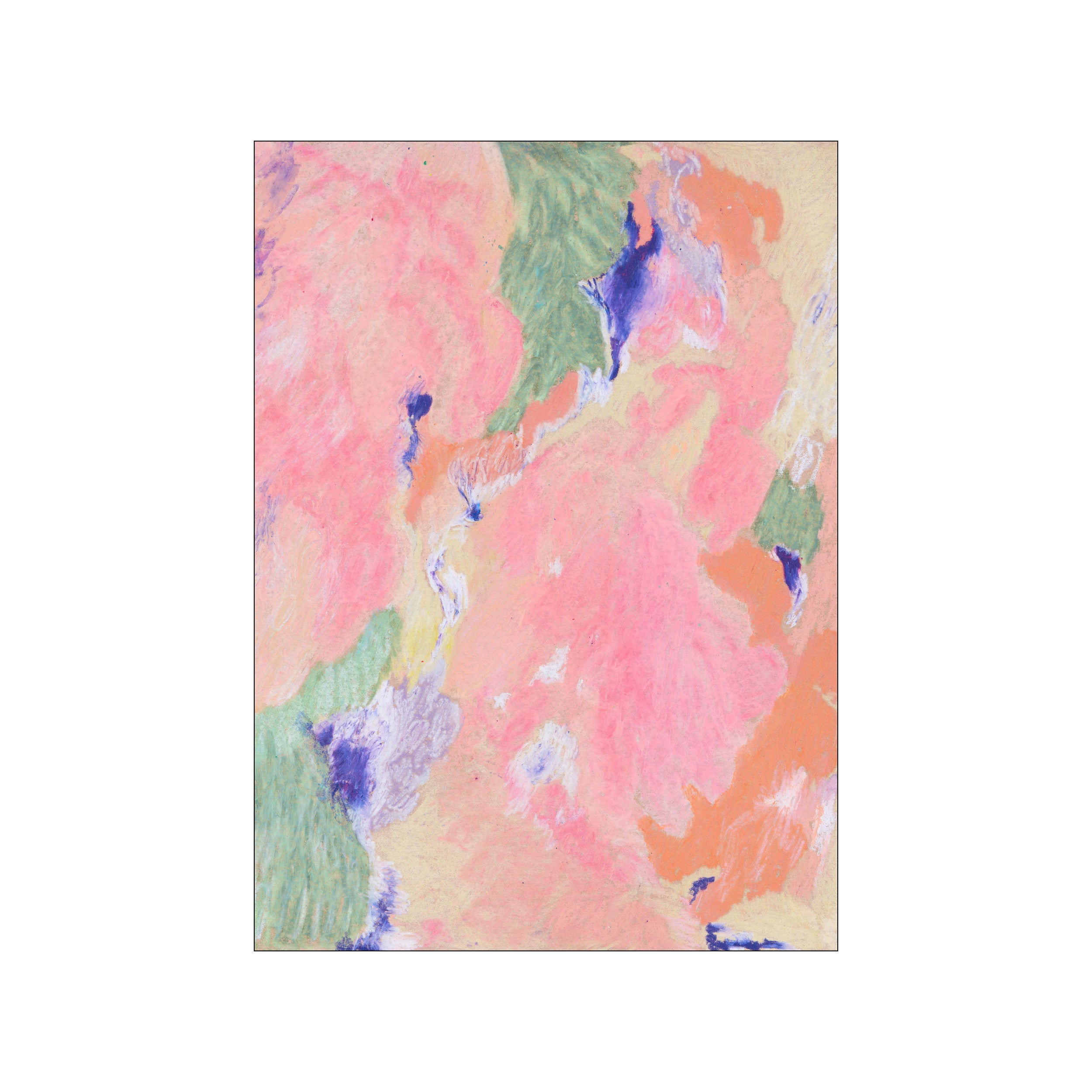 An abstract artwork with flowing, blended colors in soft pinks, peaches, muted greens, and deep blue accents. The textured, painterly style evokes a dreamlike, expressive mood.