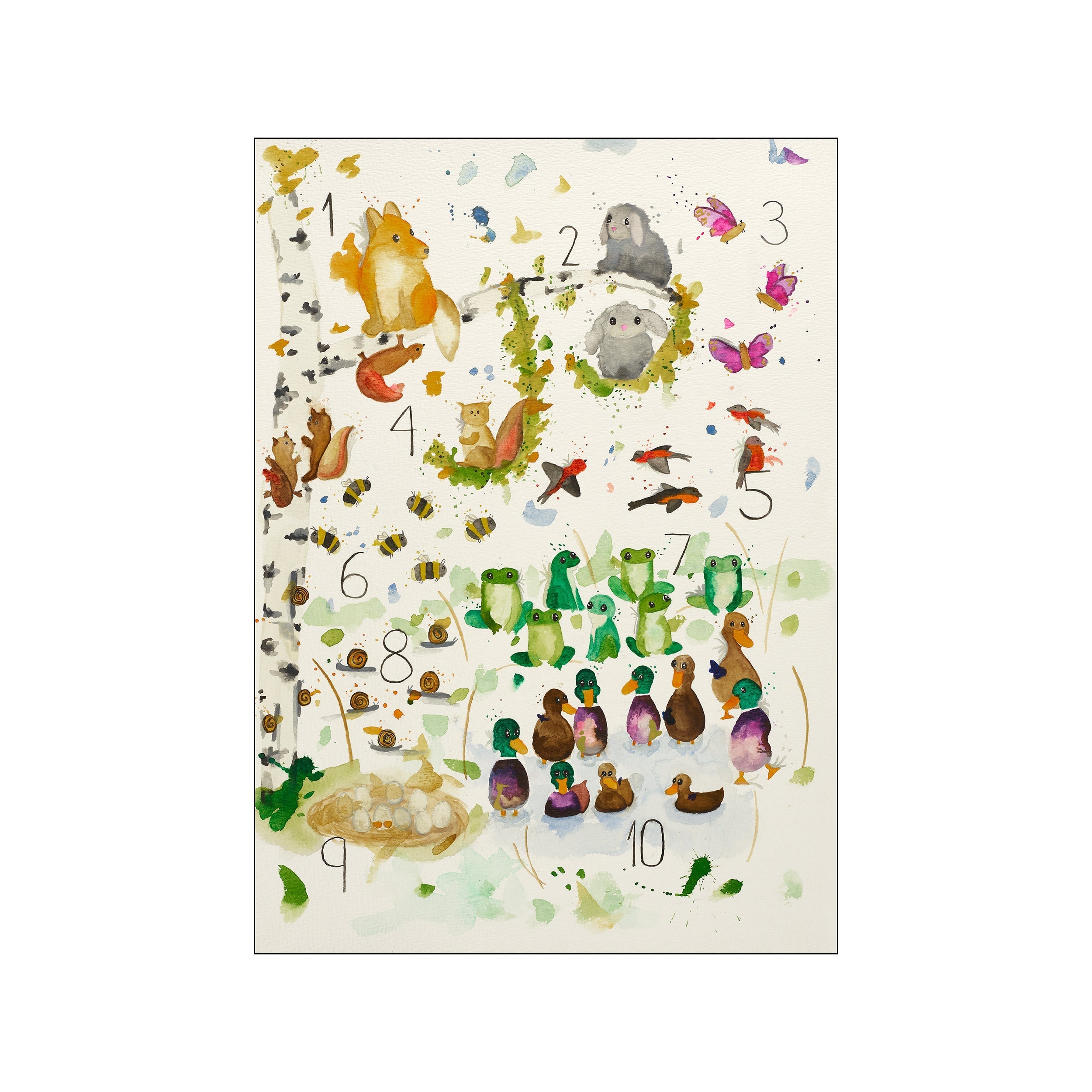 A whimsical watercolor illustration featuring a collection of numbered woodland animals like foxes, squirrels, rabbits, and frogs, alongside birds, ducks, and butterflies, with a soft, natural color palette.