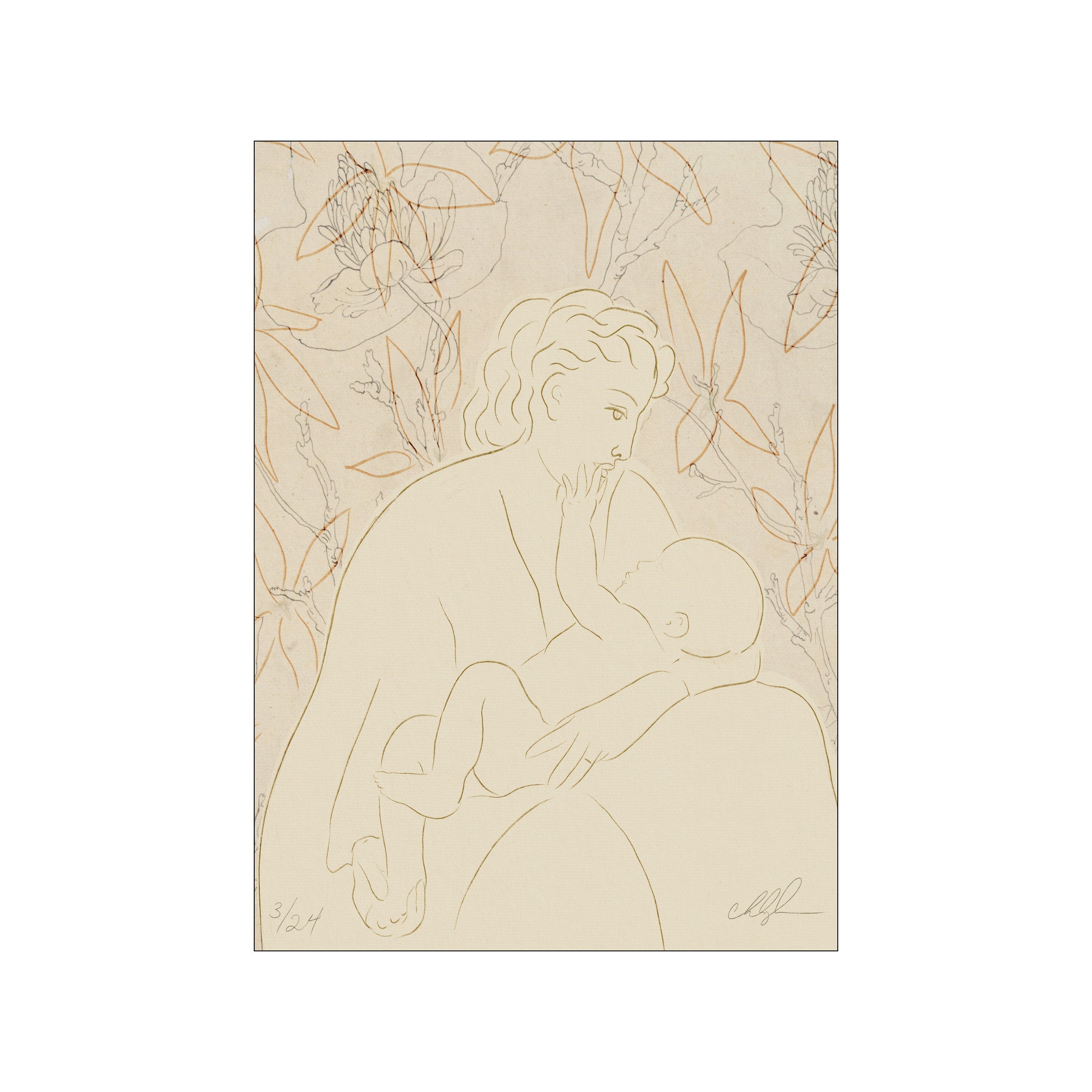 A delicate line drawing of a mother cradling her baby, surrounded by abstract floral motifs in soft beige and gold tones, conveying a feeling of tenderness and connection.