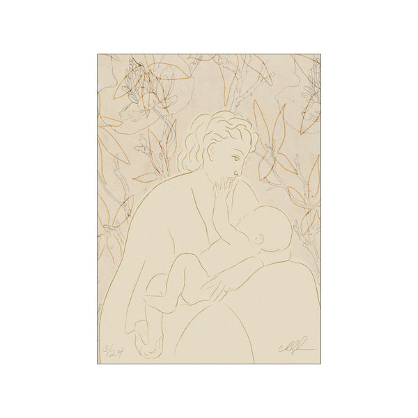 A delicate line drawing of a mother cradling her baby, surrounded by abstract floral motifs in soft beige and gold tones, conveying a feeling of tenderness and connection.