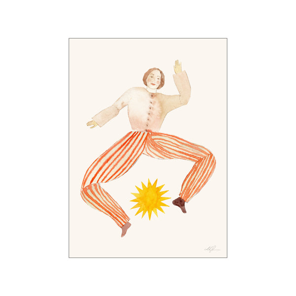A watercolor illustration of a person in striped pants and a blush sweater, joyfully reaching towards a bright yellow sunburst against a creamy neutral background, evoking a whimsical and lighthearted mood.