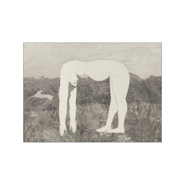 A graceful, simplified figure bends in a textured field of tall grasses and wildflowers, with a faint deer-like creature in the distance. The drawing is monochromatic with soft greys and whites.