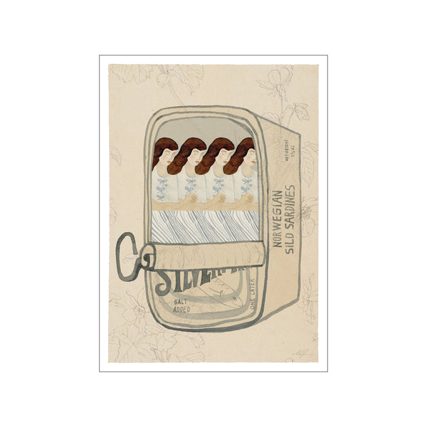 A whimsical artwork titled 'Nap Time' by Chloe Purpero Johnson, depicting four sleeping figures inside an open sardine can with a subtle floral background in beige and grey tones.