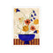 A vibrant arrangement of cheerful flowers, including daisies, daffodils, and bluebells, gathered in a bold cobalt blue vase against a textured beige background, with bold vertical stripes at the base.